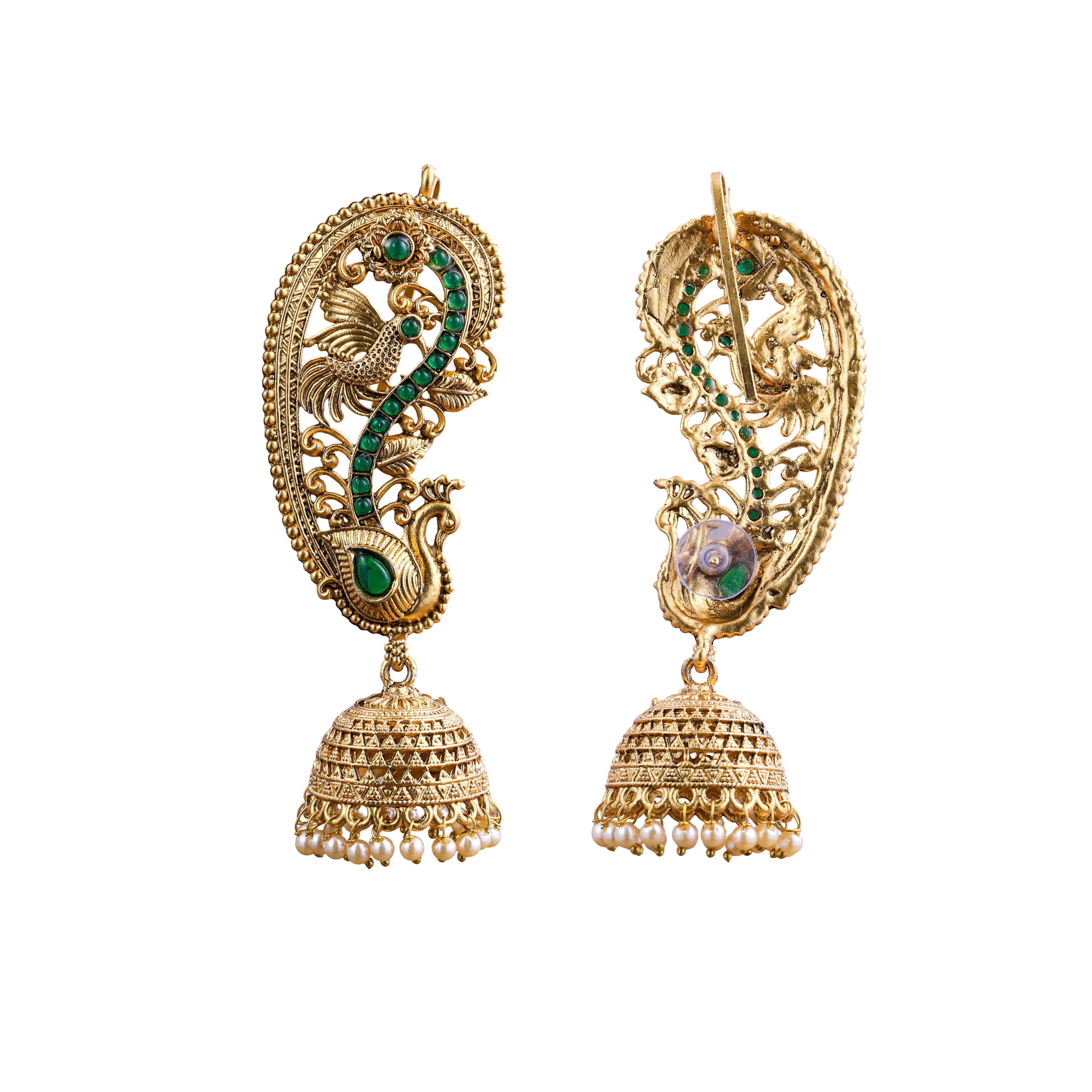 Green Peacock Viraasat Gold Jhumka and earcuffs Earrings