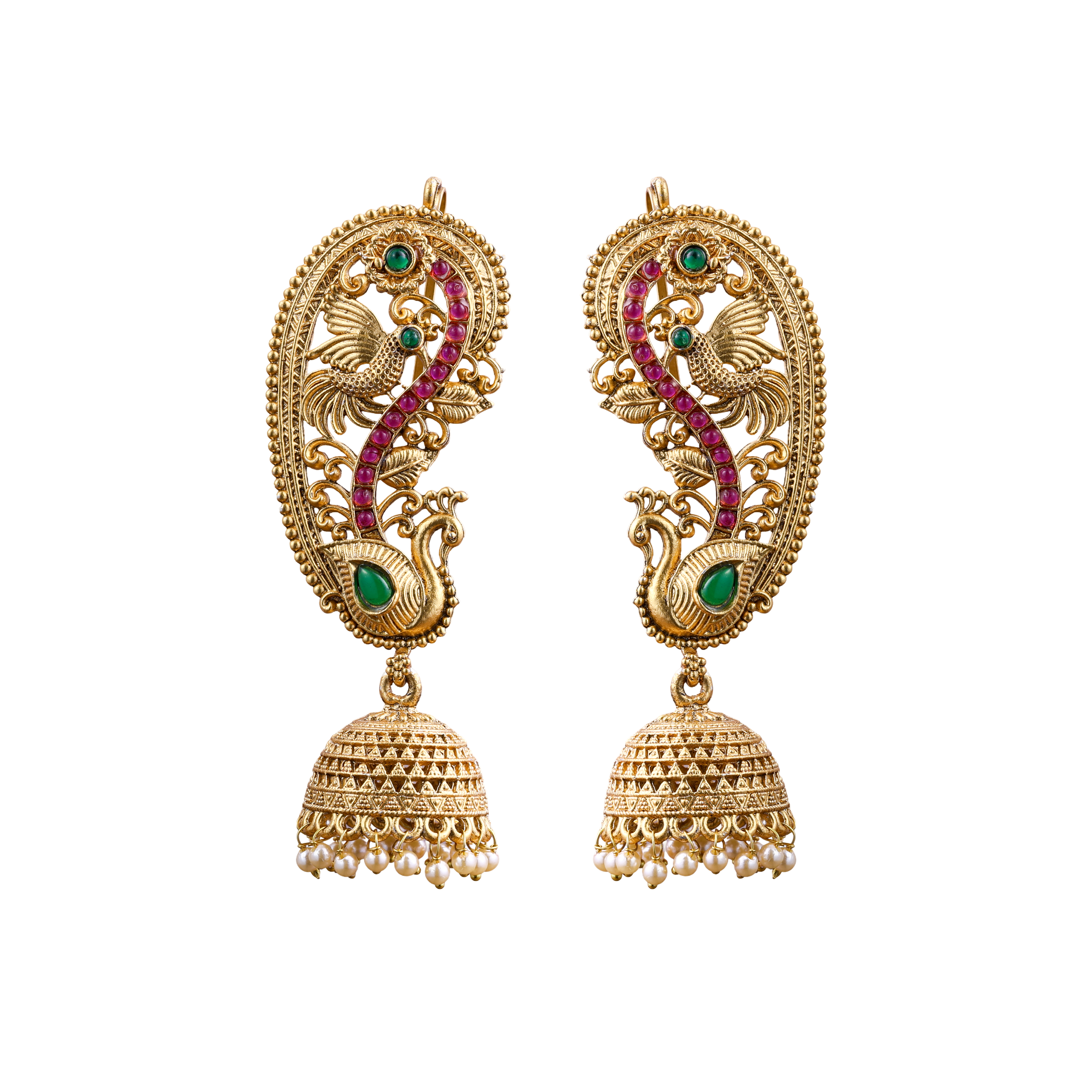 Peacock Viraasat Gold Jhumka and earcuffs Earrings with Red and green Stones