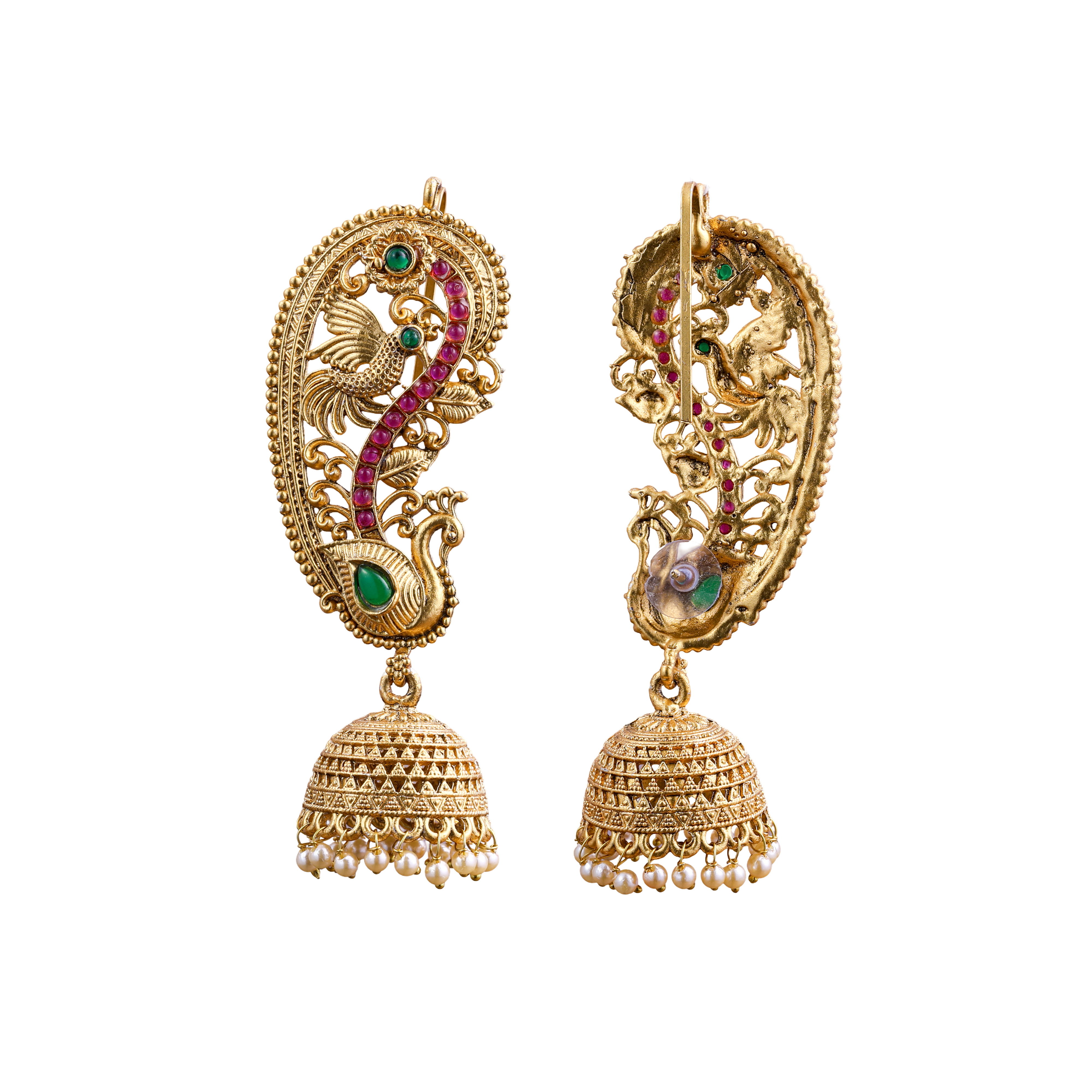 Peacock Viraasat Gold Jhumka and earcuffs Earrings with Red and green Stones