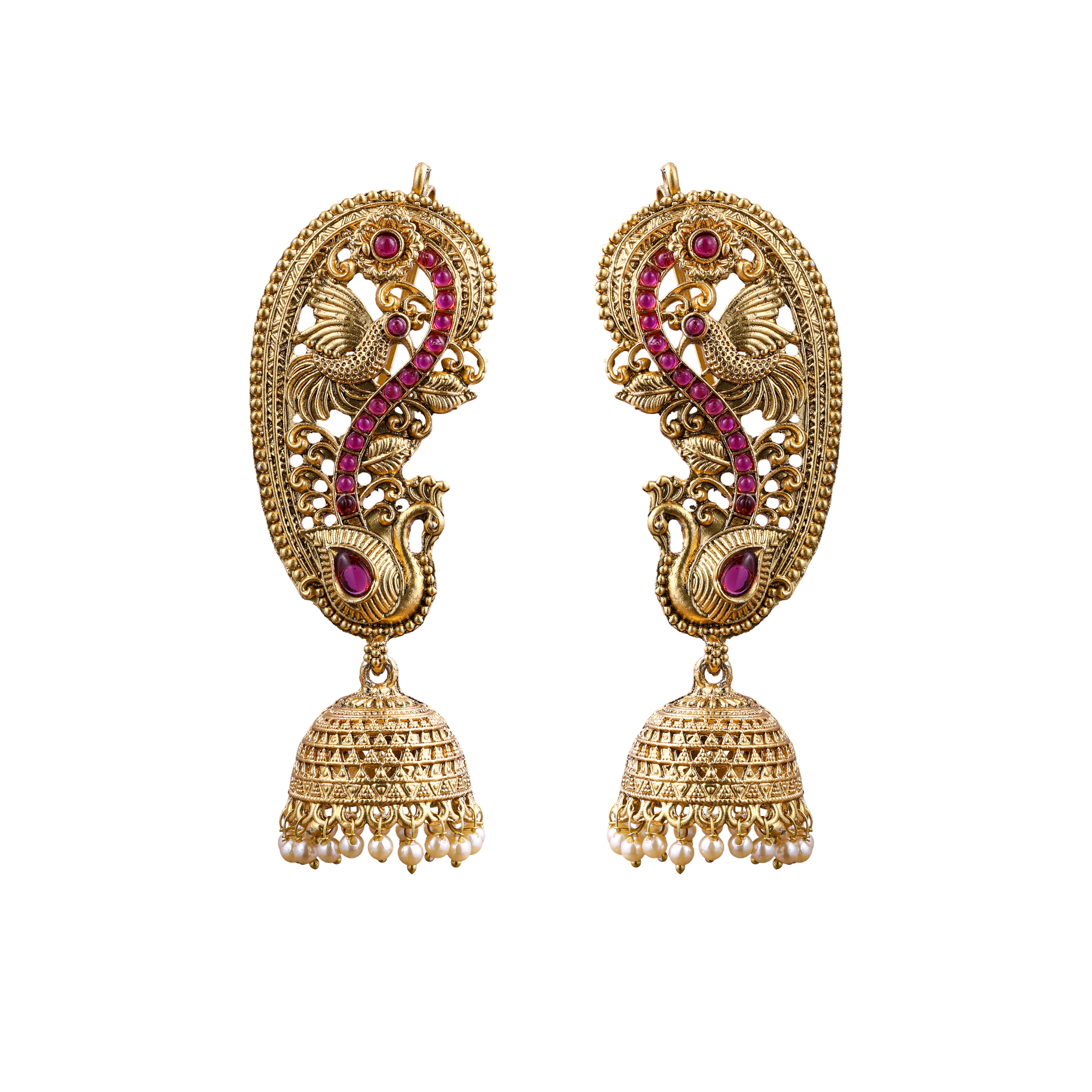 Peacock Viraasat Gold Jhumka and earcuffs Earrings with Red Stones