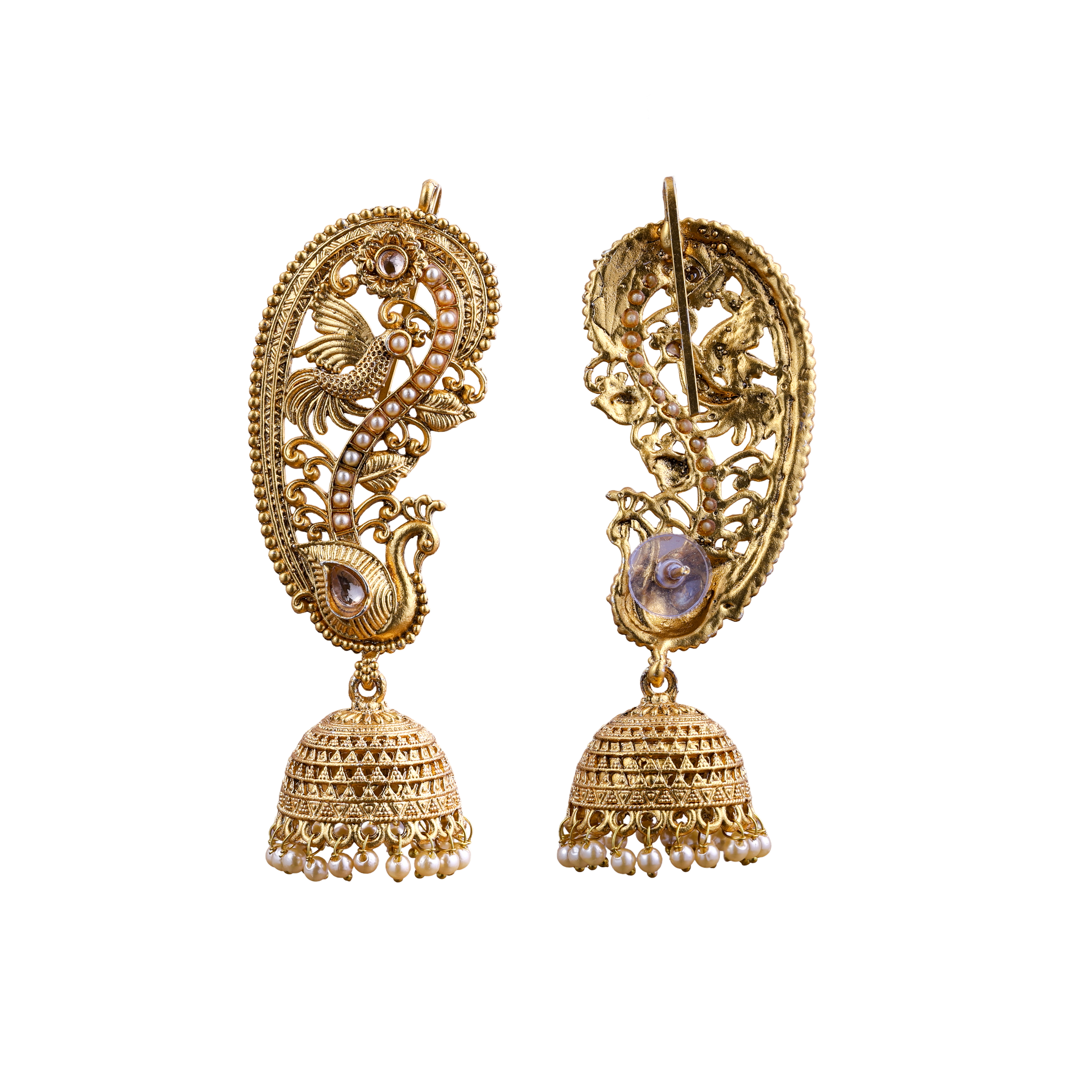 Peacock Viraasat Gold Jhumka and earcuffs Earrings with White Stones