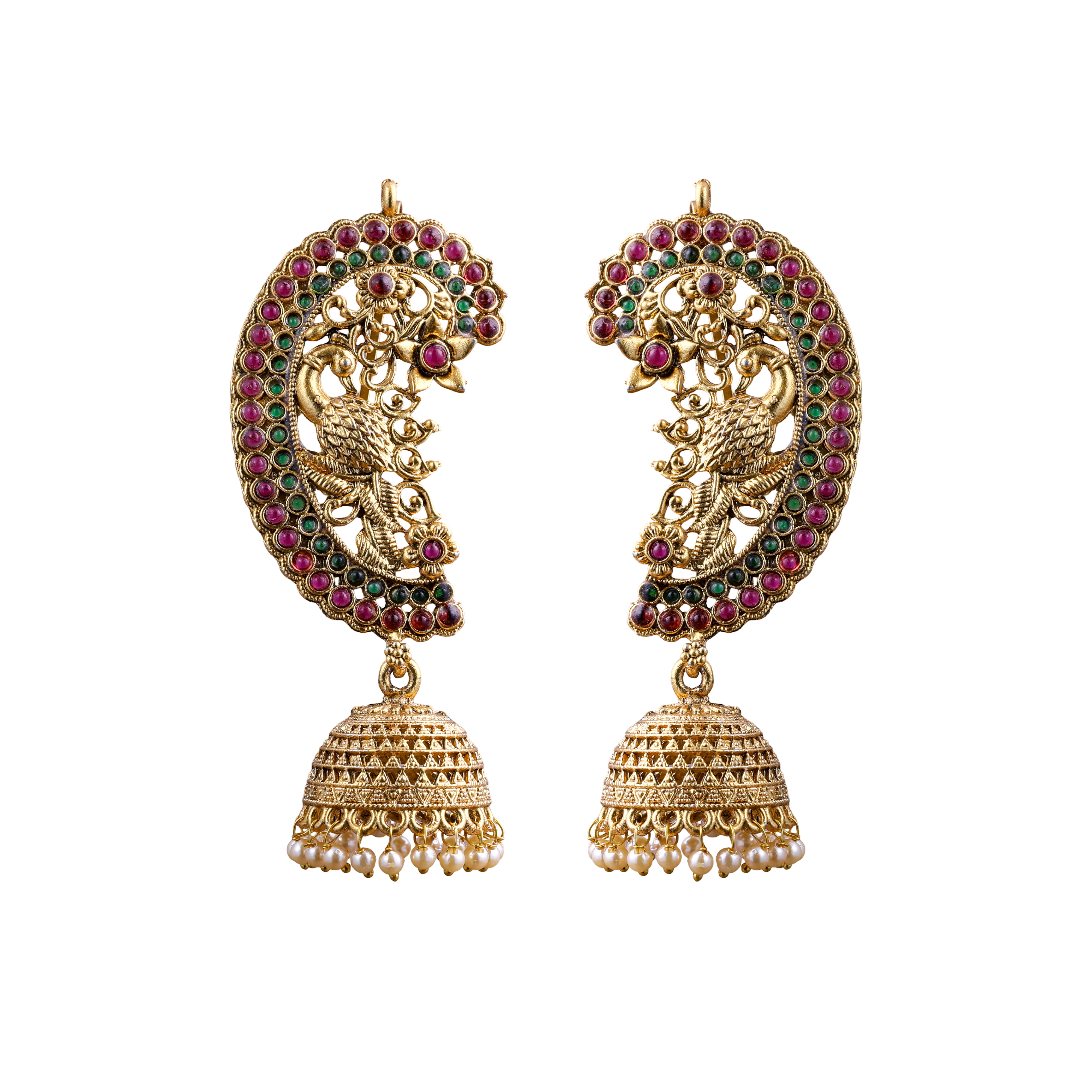 The Traditional Peacock Emerald Kalakriti red and green Jhumkas