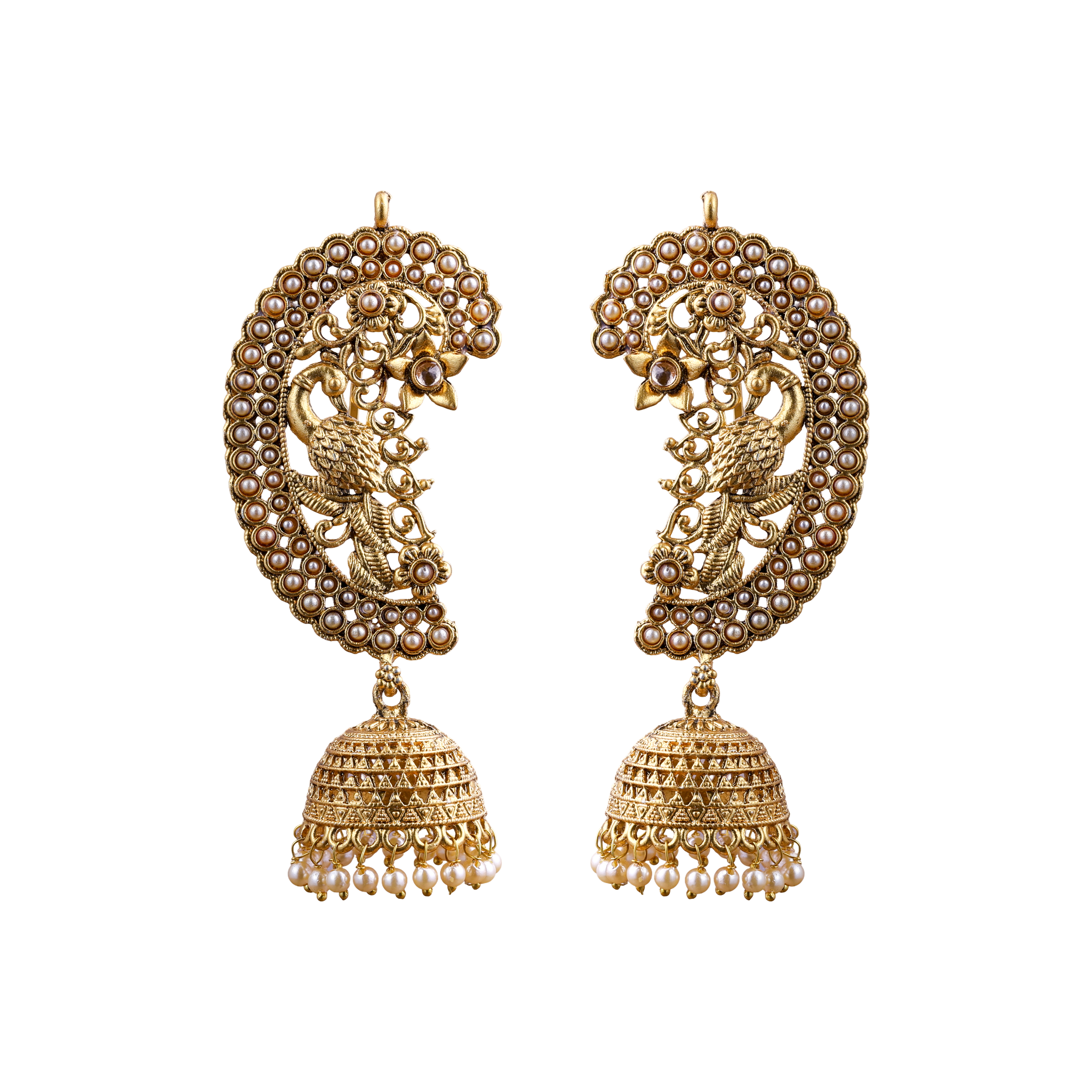 The Traditional Peacock Emerald Kalakriti White Jhumkas