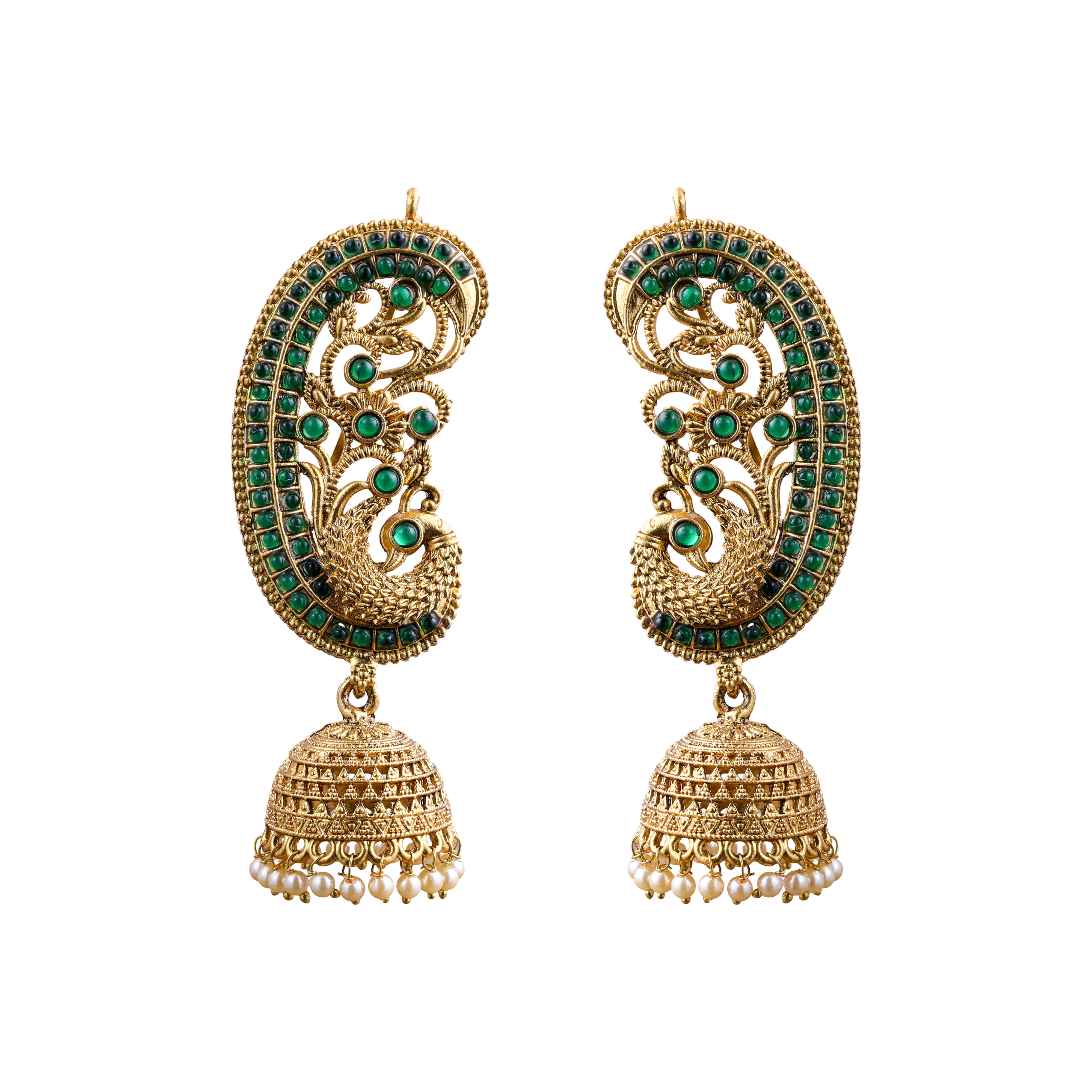 Traditional Gold earcuff jhumka green earrings