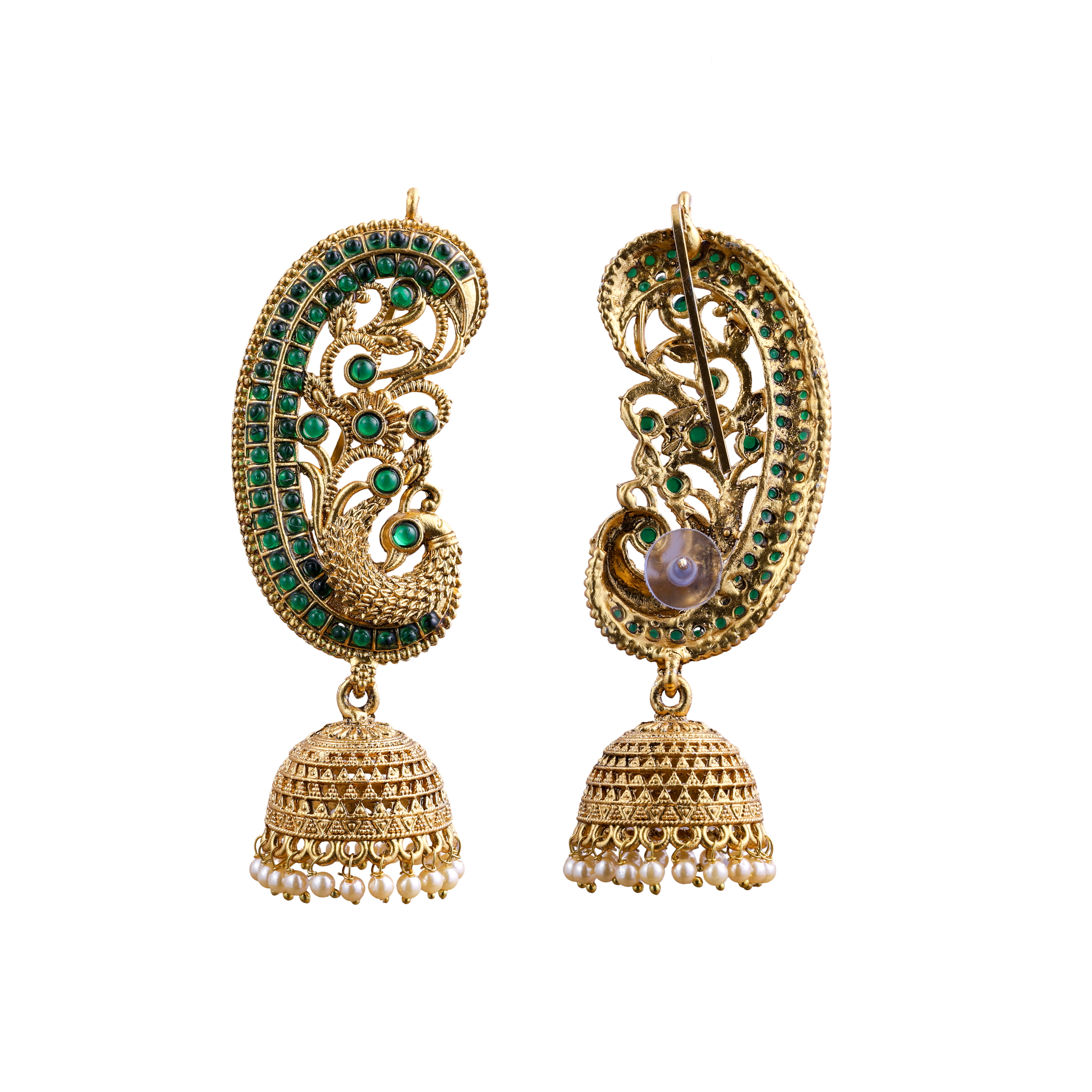 Traditional Gold earcuff jhumka green earrings
