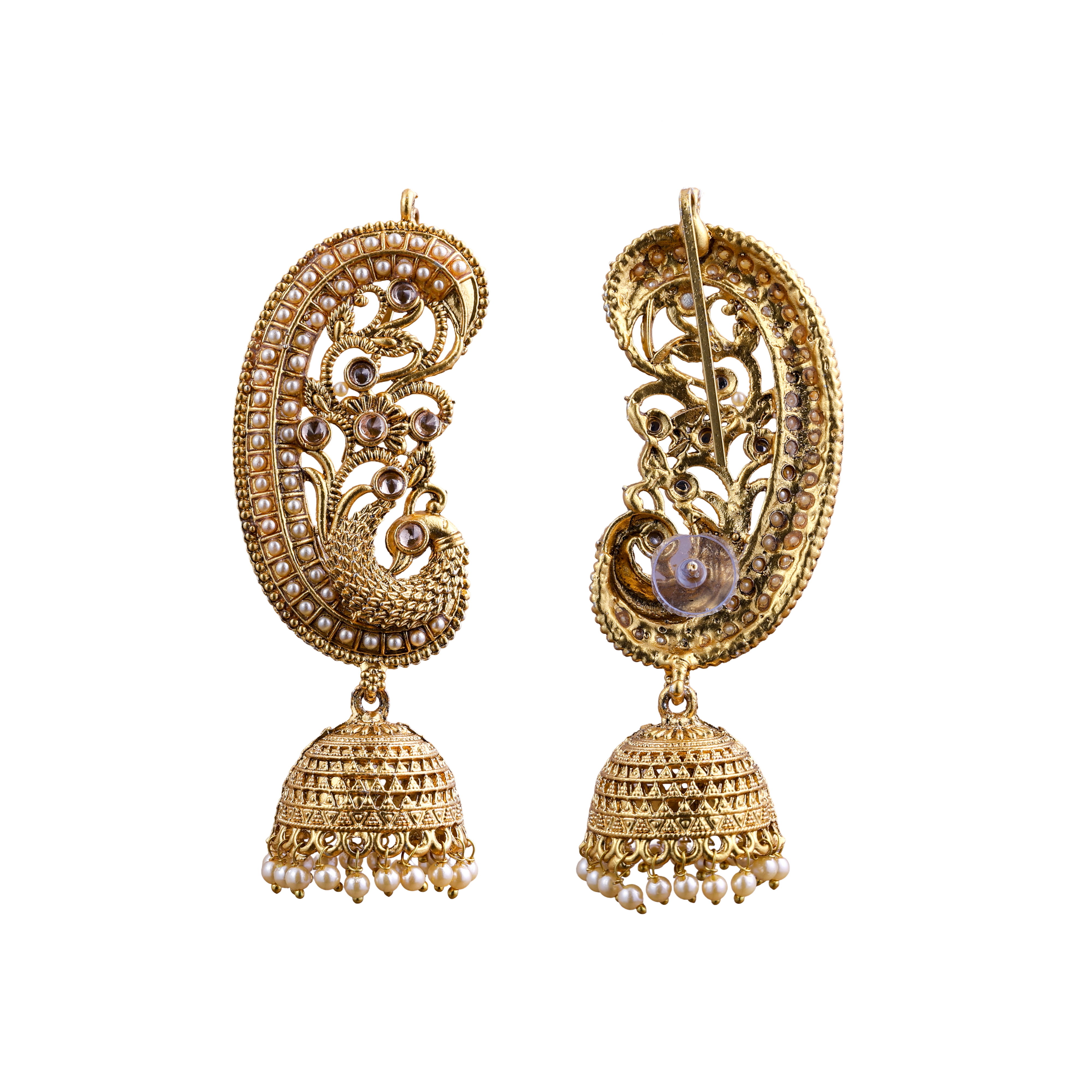 Traditional Gold earcuff jhumka White earrings