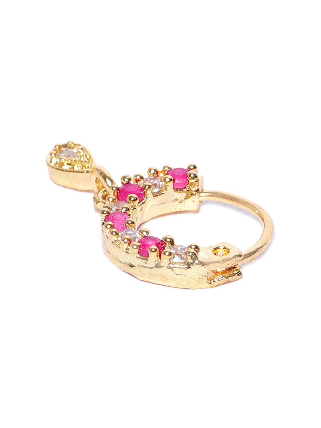 Pink & White CZ Teardrop Dangle Round Nose Ring – Gold Plated Pierced Nath for Women