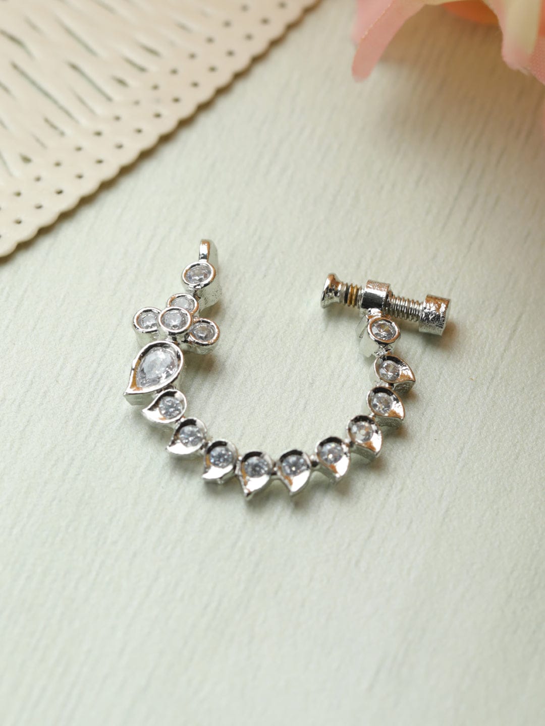 Silver Leaf CZ Screw Nath – Non Piercing Screw-Type Nosepin with Teardrop Centre for Women