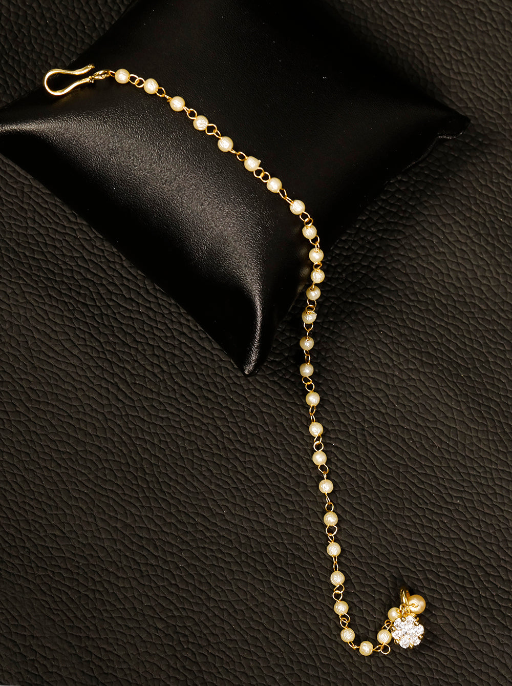 Floral CZ Bridal Nath with Pearl Chain – Non Piercing Clip-On Wedding Nose Ring for Women