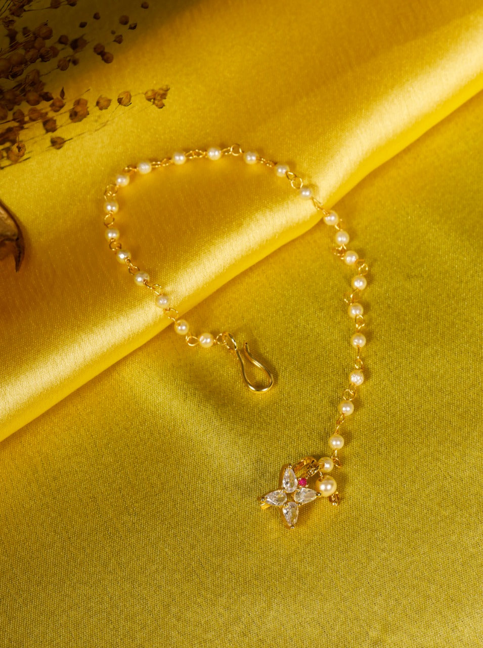 Pearl Beaded Nath Chain with Floral CZ Pendant – Gold Plated Nathani Chain for Women