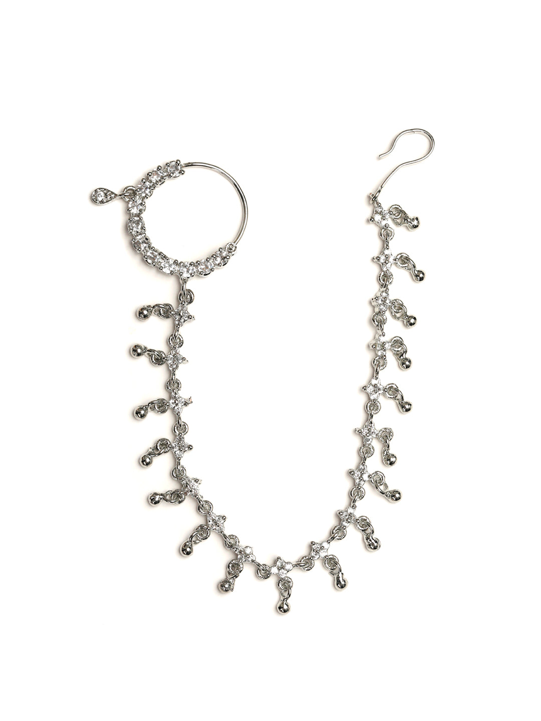 Silver CZ Ghungroo Bridal Nath with Chain – Pierced Nathni for Women