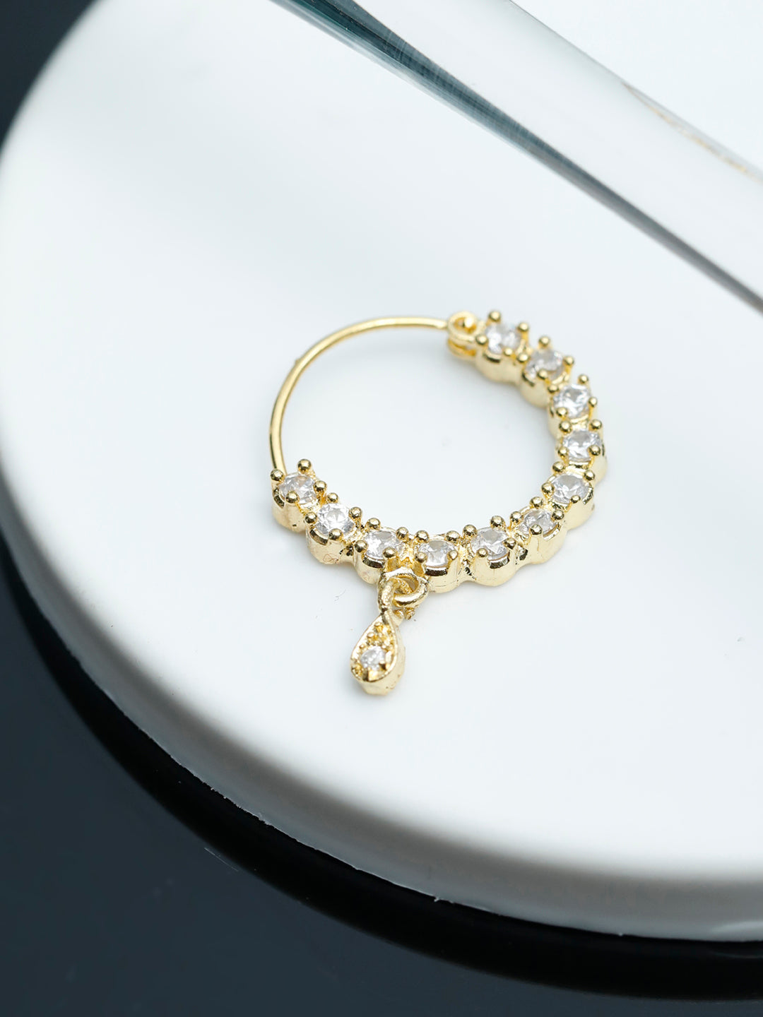 Gold CZ Scallop Arc Teardrop Nath – Pierced Nose Ring for Women