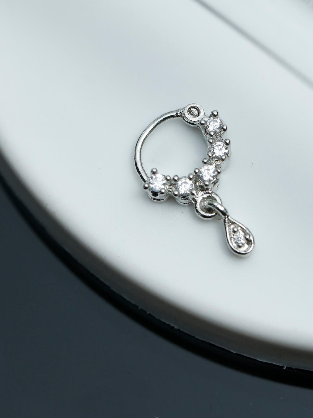 Silver CZ Round-Cluster Teardrop Nath – Pierced Nose Ring for Women and Girls