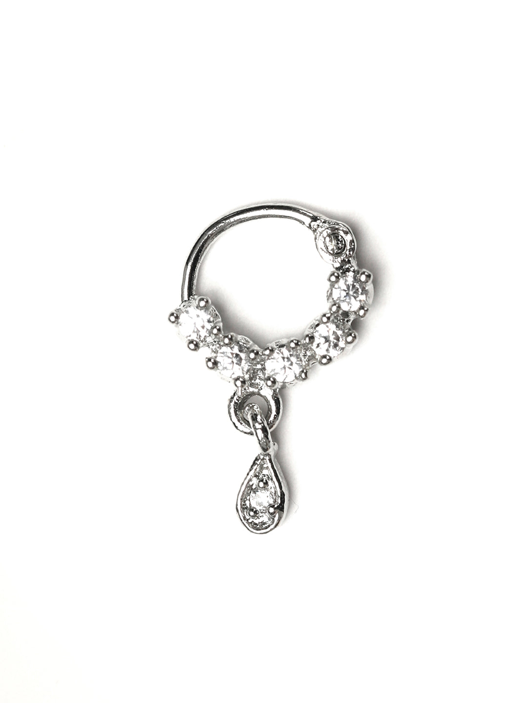 Silver CZ Round-Cluster Teardrop Nath – Pierced Nose Ring for Women and Girls