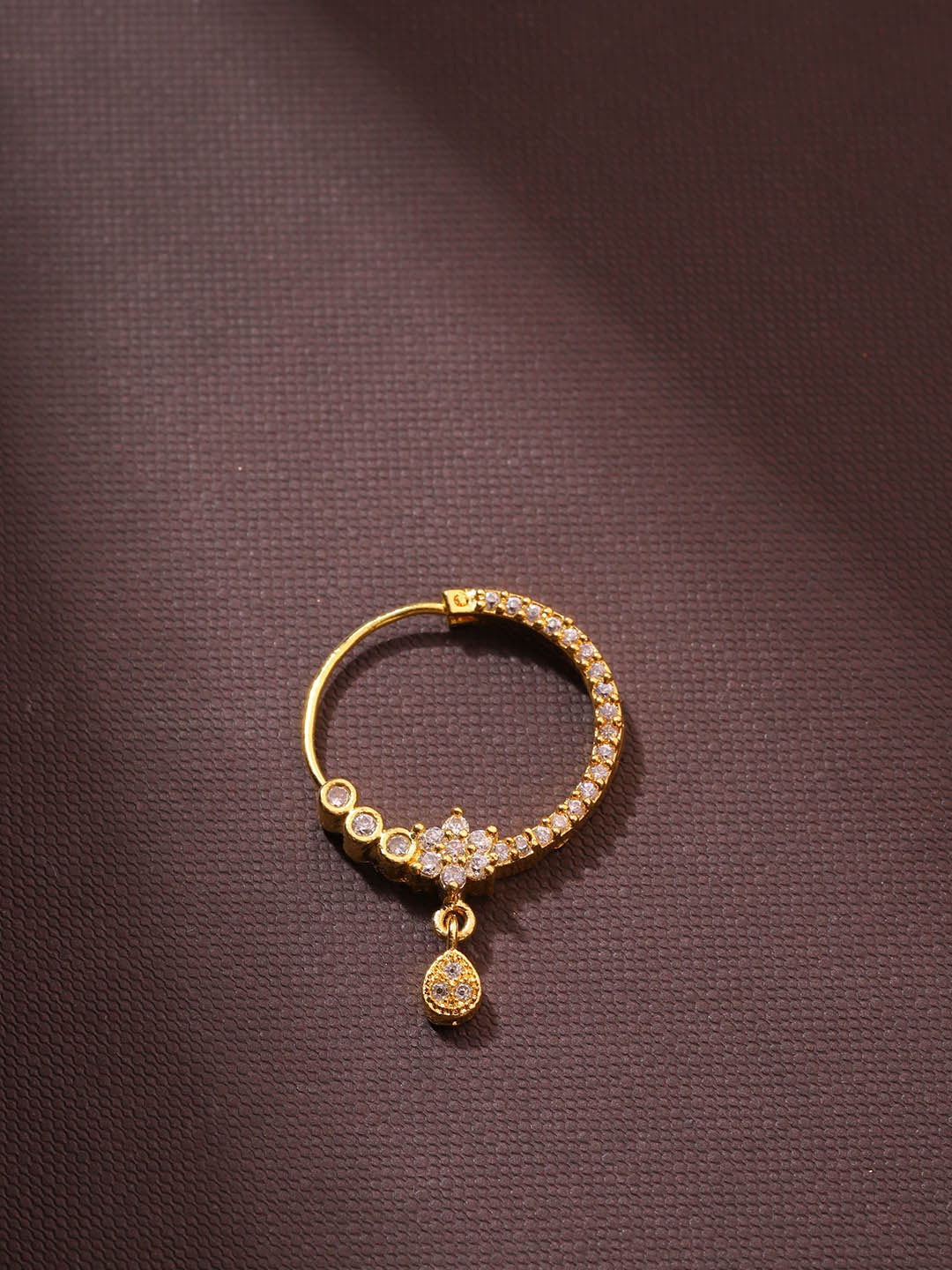 Gold Dual-Pattern Floral CZ Teardrop Nath – Pierced Nose Ring for Women