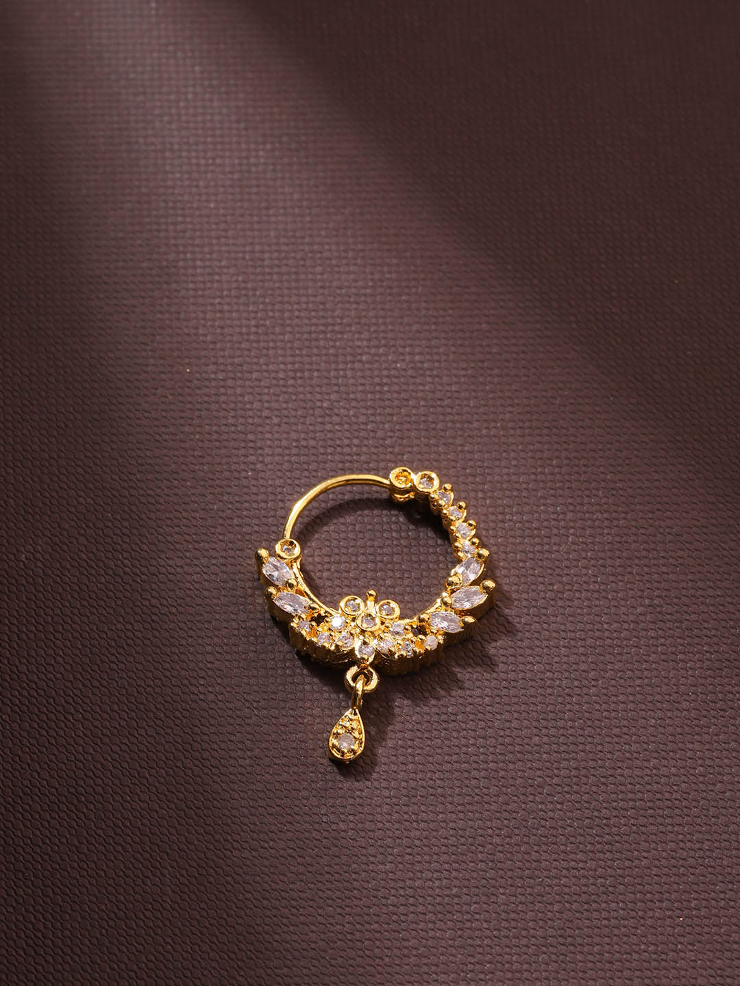 Gold Marquise Leaf & CZ Cluster Teardrop Nath – Pierced Nose Ring for Women