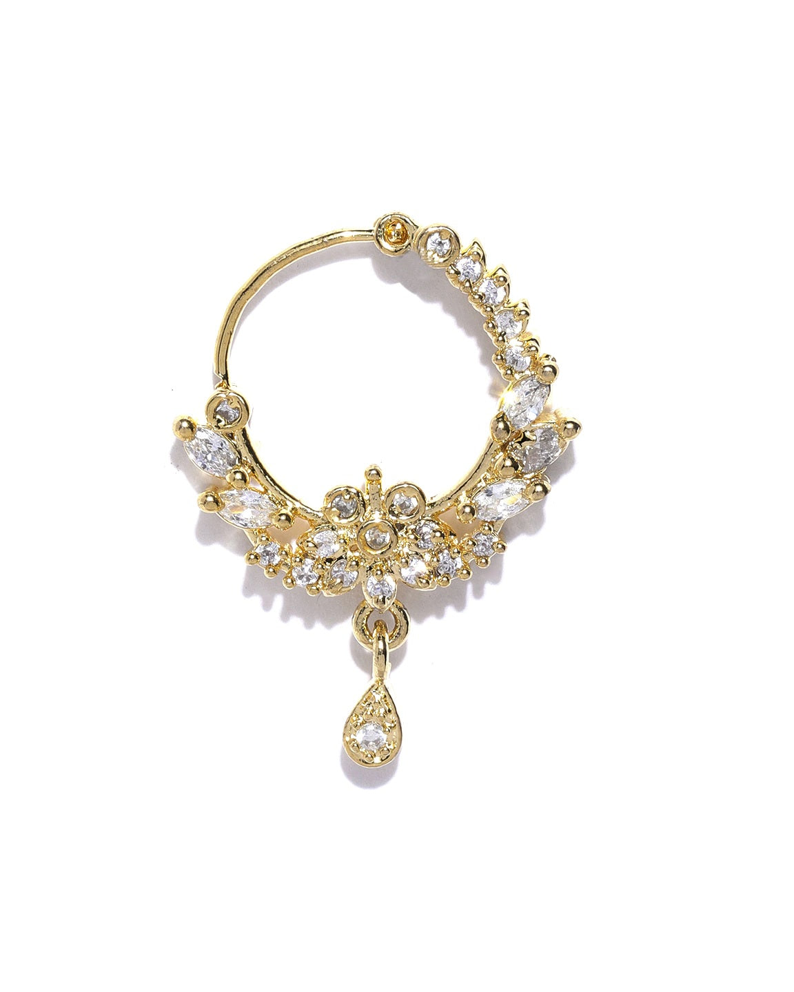 Gold Marquise Leaf & CZ Cluster Teardrop Nath – Pierced Nose Ring for Women