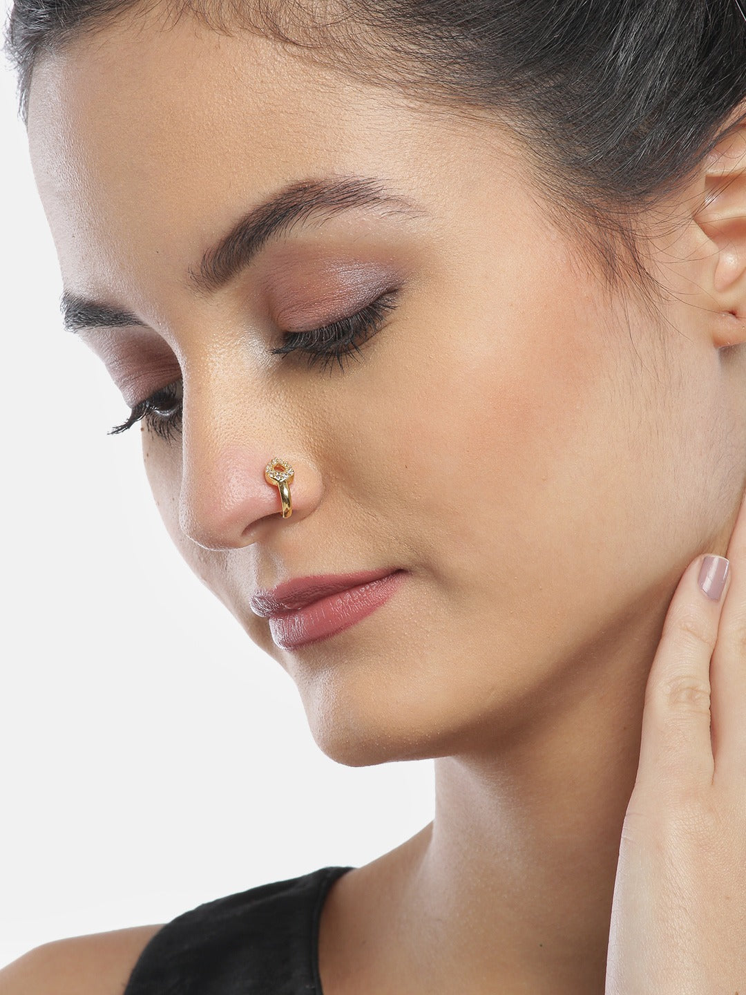 Gold Hollow Teardrop CZ Clip-On Nath – Non Piercing Pressing Nosepin for Girls