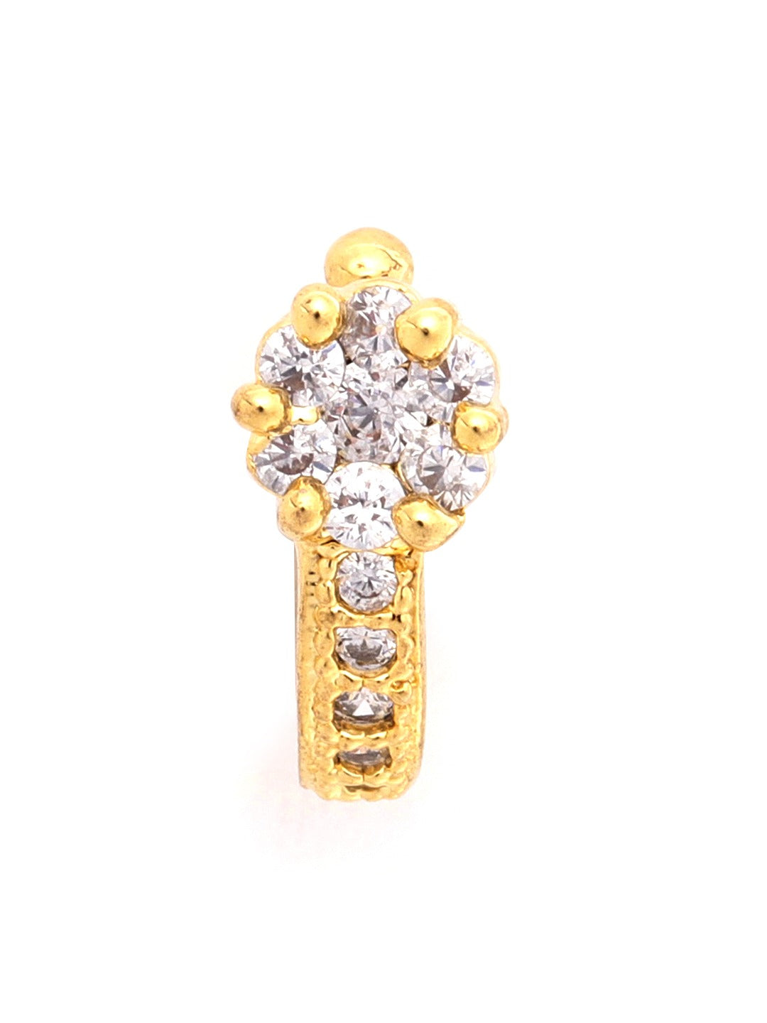 Gold Floral CZ Cluster Clip-On Nosepin – Non Piercing Pressing Nath for Women