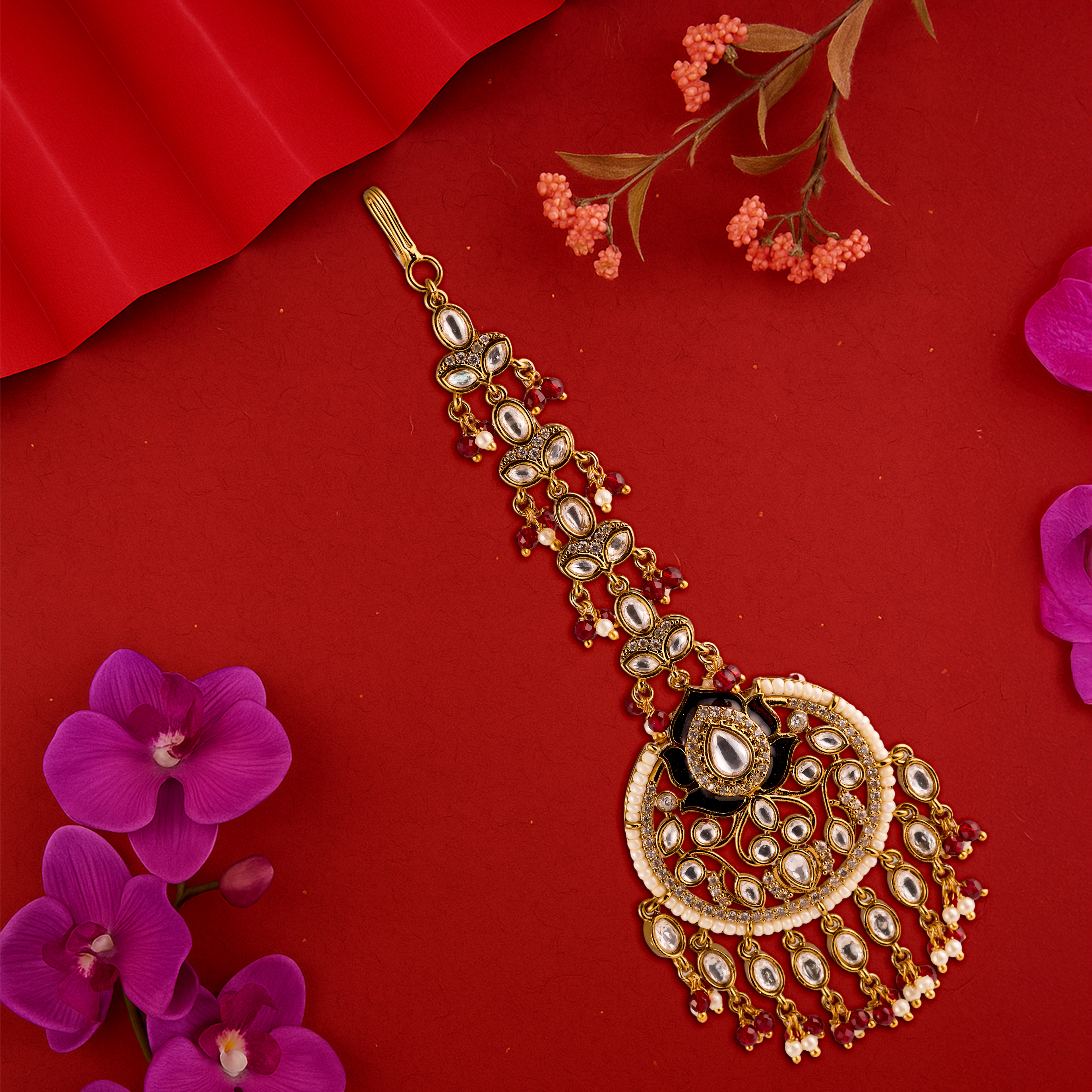 The Naaz Antique Gold Bridal Ruby Kundan Maangtikka