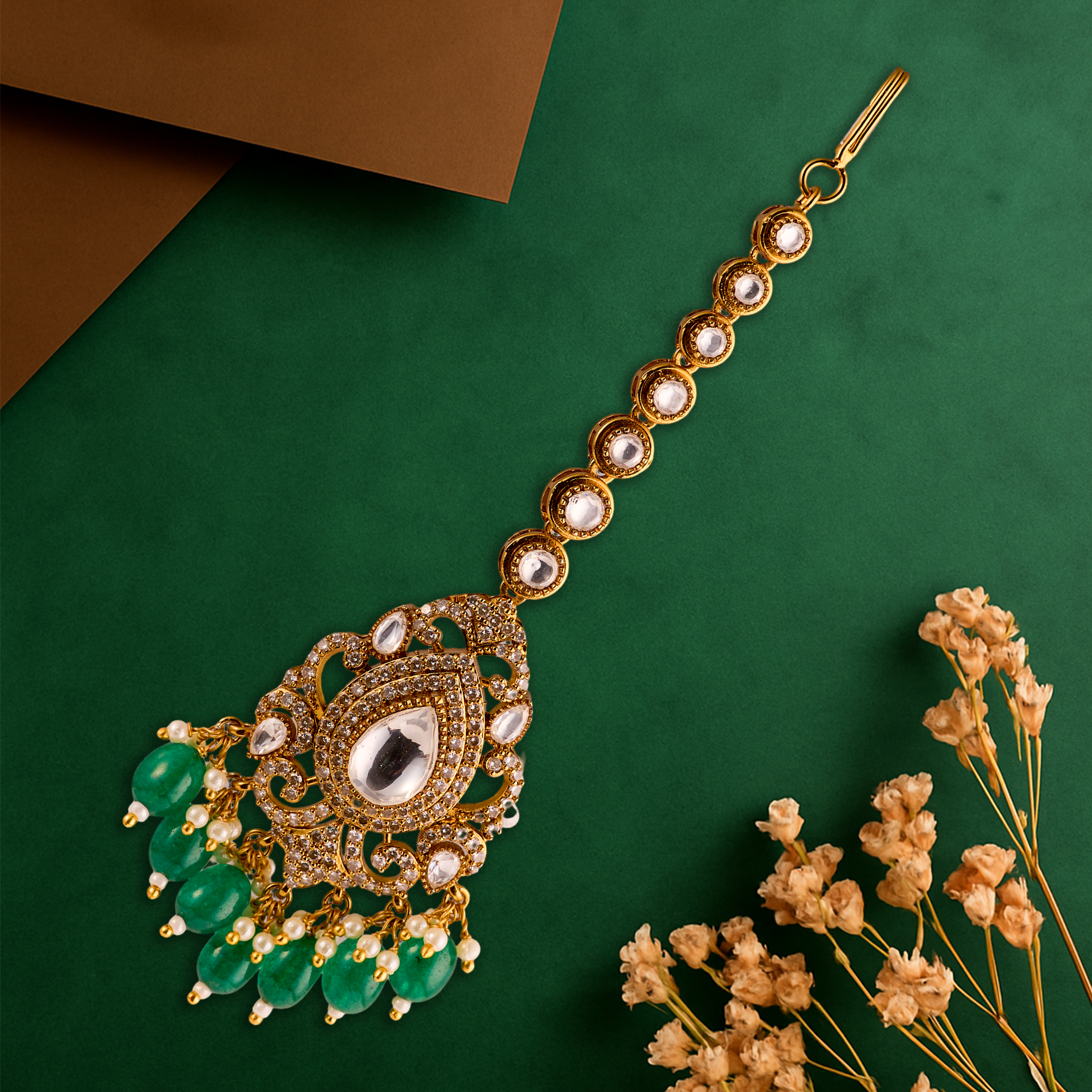 The Emerald Mohar Bridal kundan and pearl Maangtikka