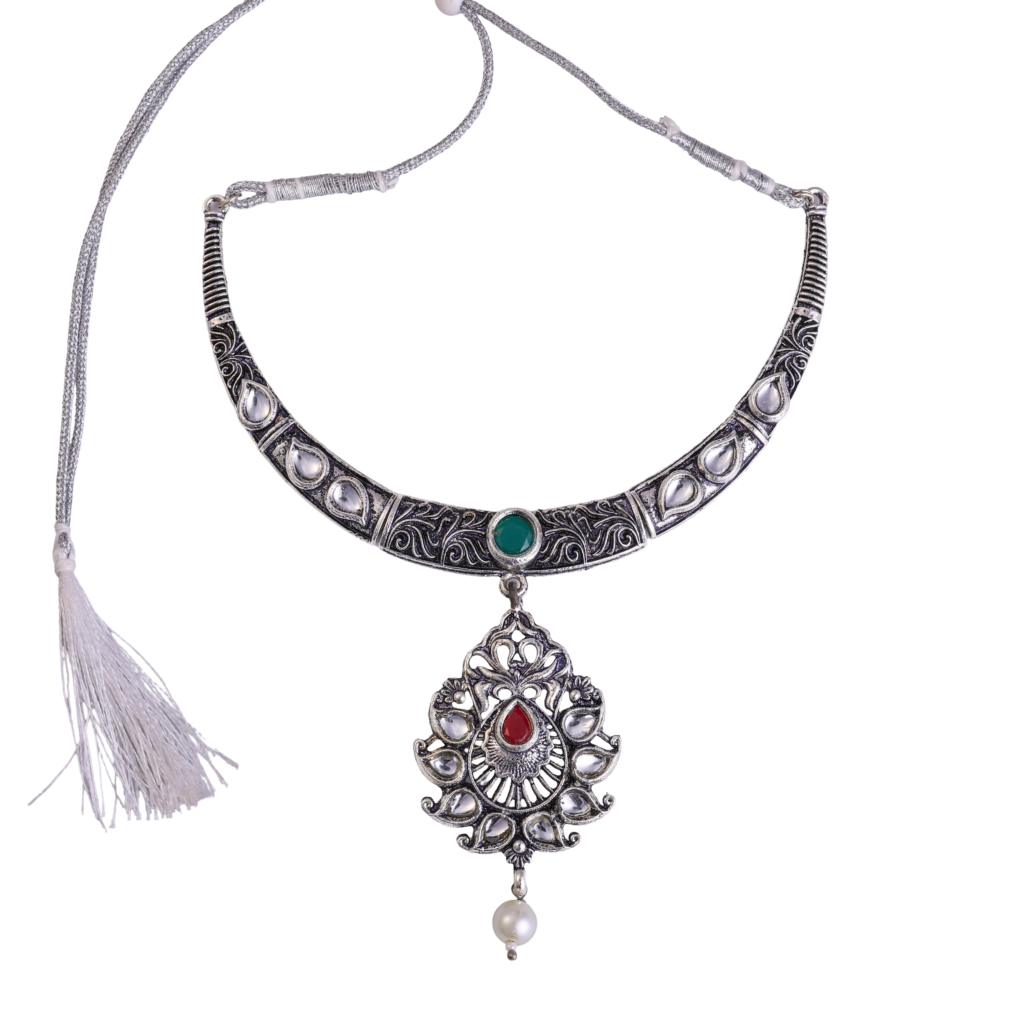Silver Oxidised Peacock Motif Kempu Stone Choker Necklace Set with Pearl Drops for Women