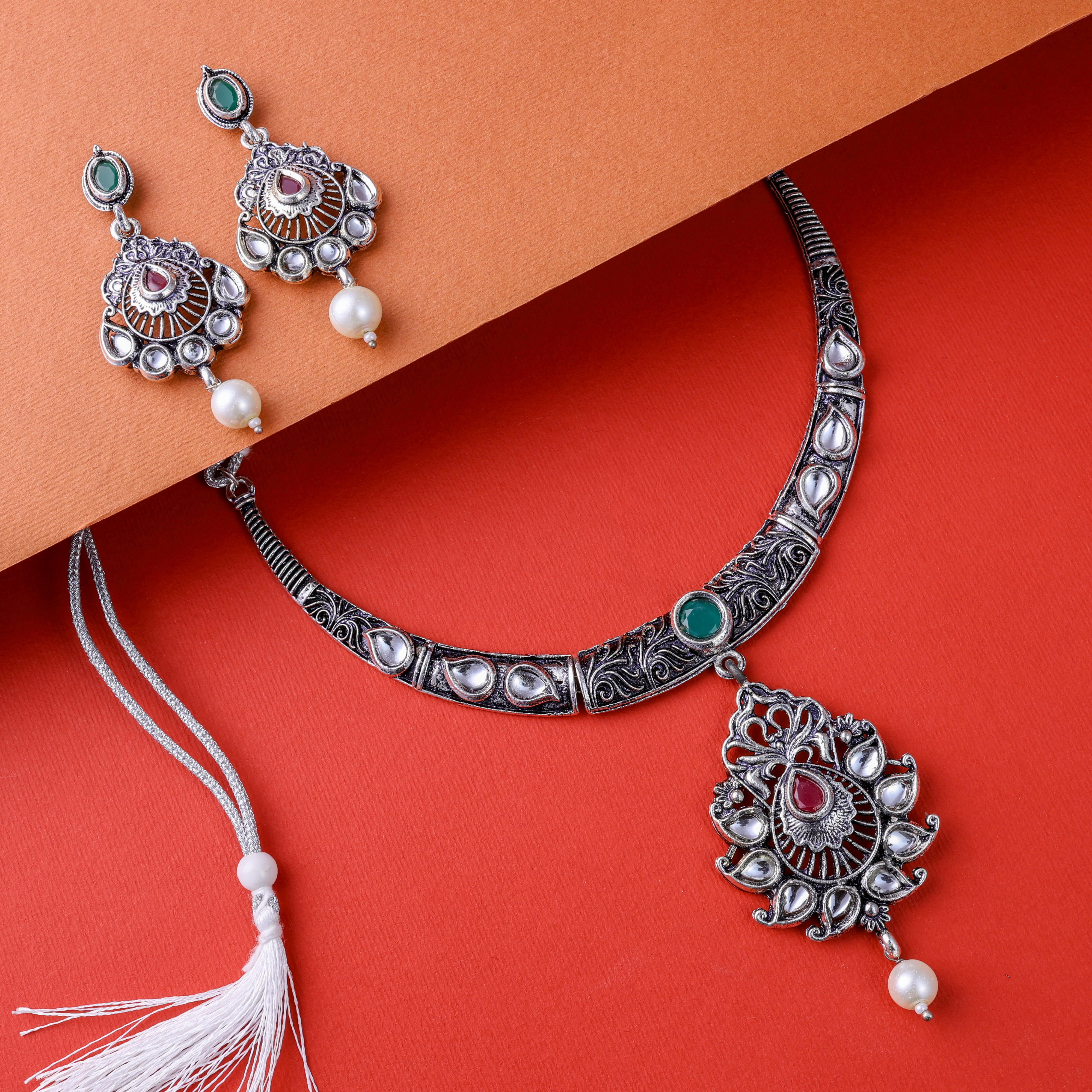 Silver Oxidised Peacock Motif Kempu Stone Choker Necklace Set with Pearl Drops for Women