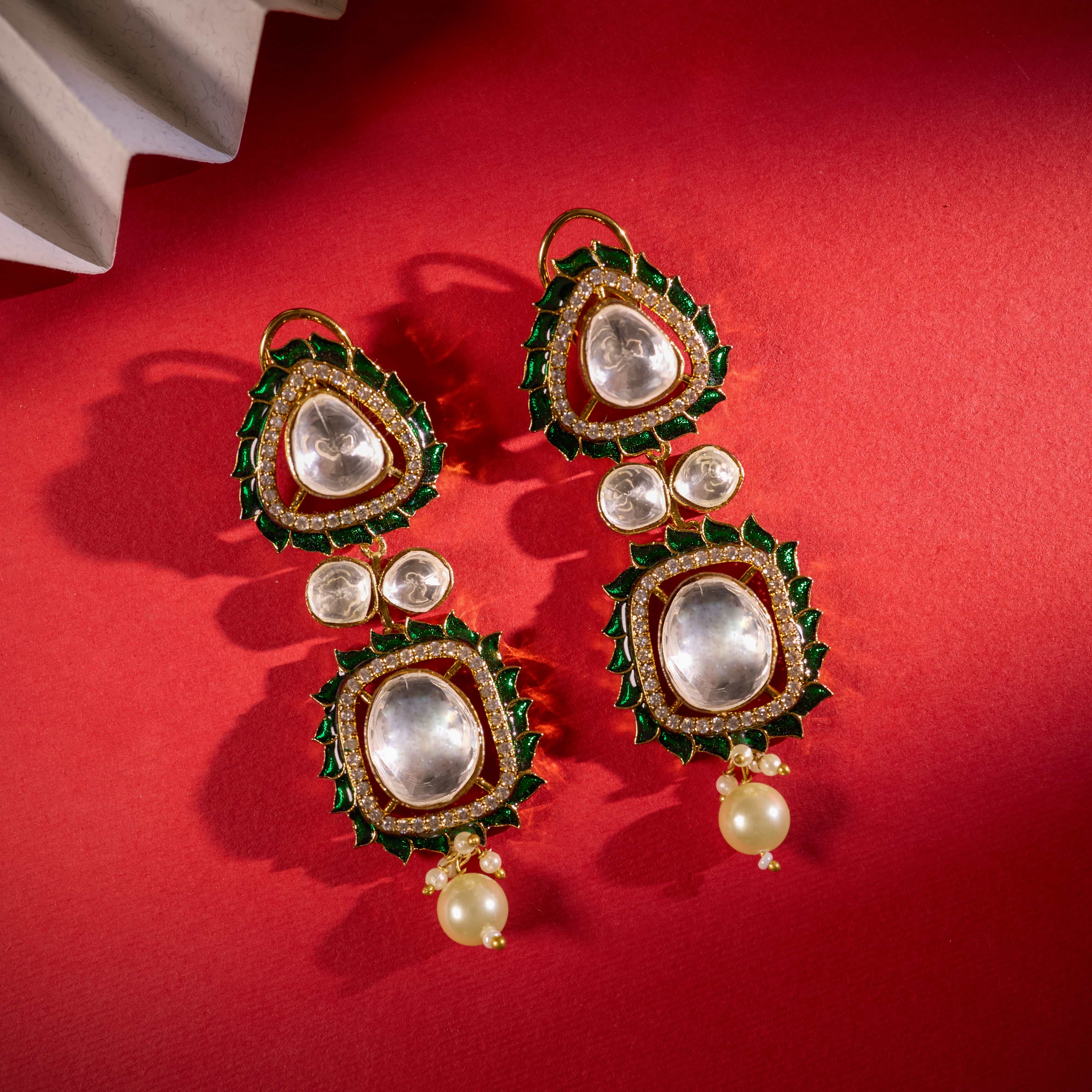 The Jashn-e-Noor Emerald Green Drop Royal Kundan Earrings
