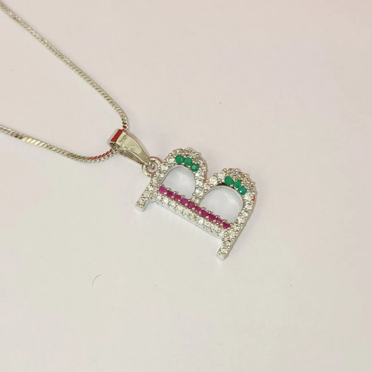 Nimoraa B Initial Silver Plated Pendant Chain with Red & Green Stones