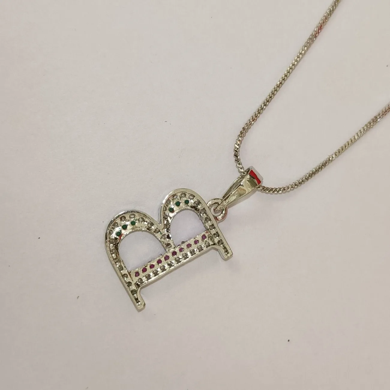 Nimoraa B Initial Silver Plated Pendant Chain with Red & Green Stones