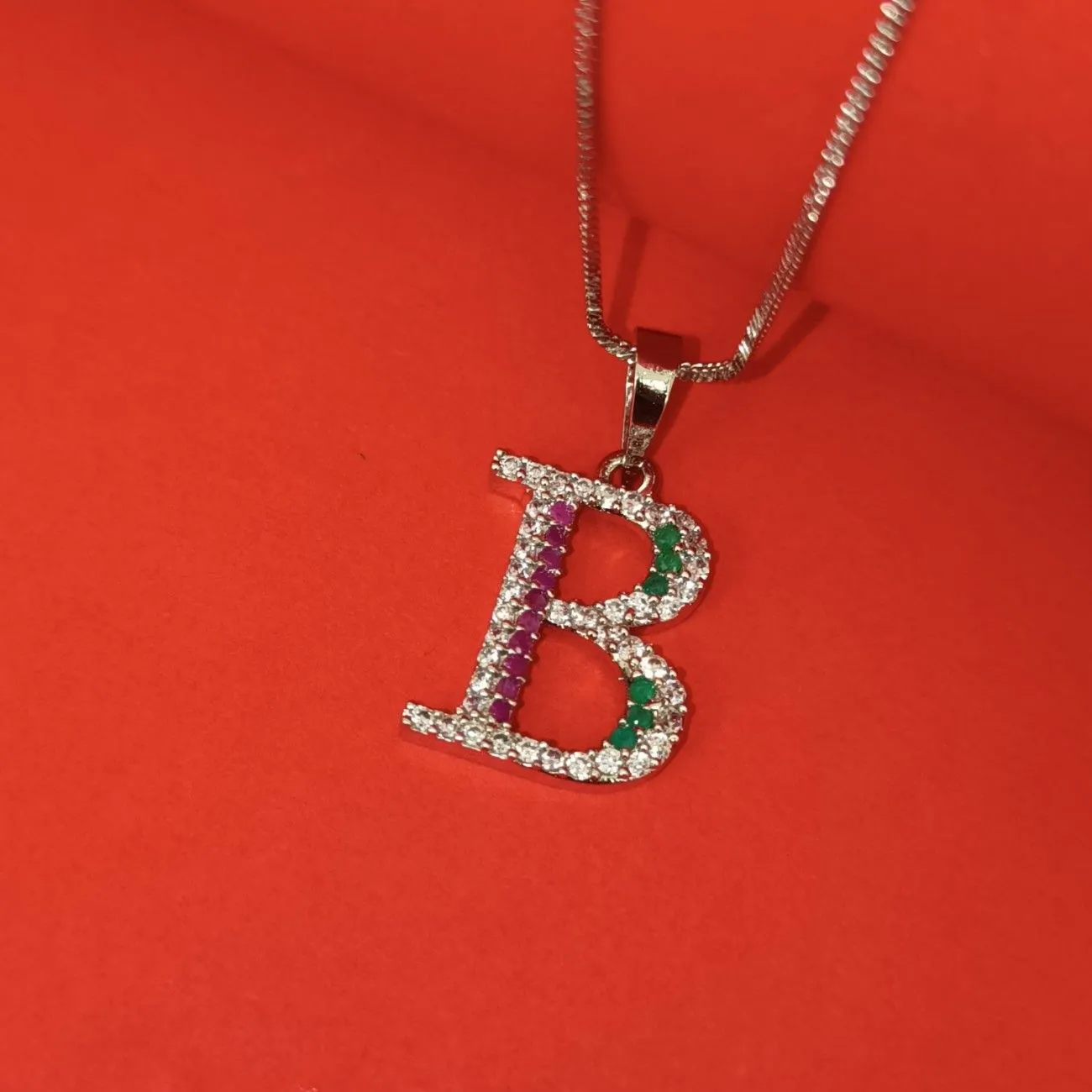 Nimoraa B Initial Silver Plated Pendant Chain with Red & Green Stones