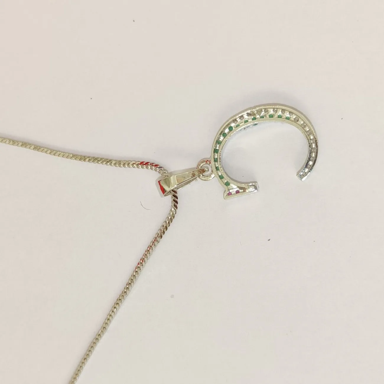 Nimoraa C Initial Silver Plated Pendant Chain with Red & Green Stones