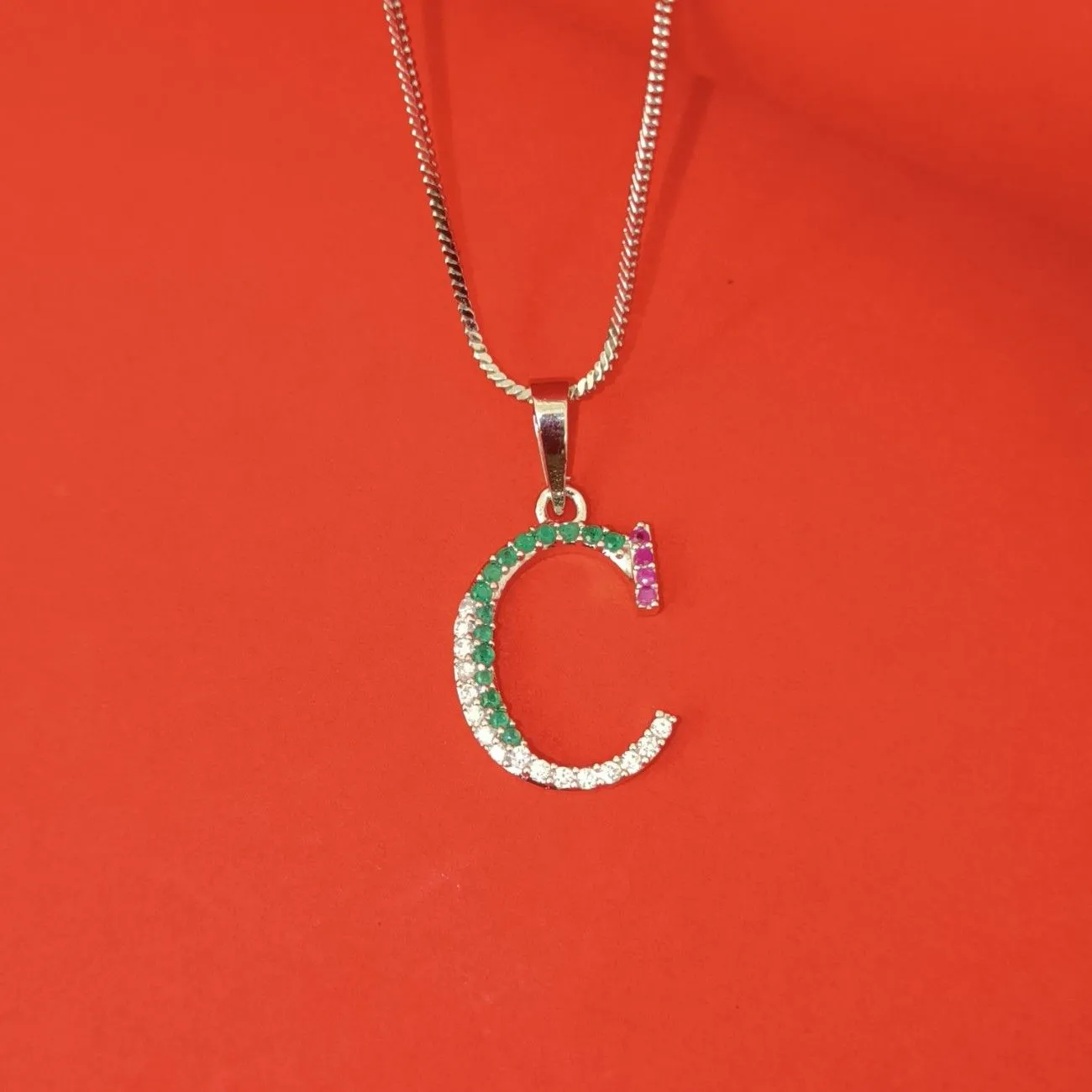 Nimoraa C Initial Silver Plated Pendant Chain with Red & Green Stones