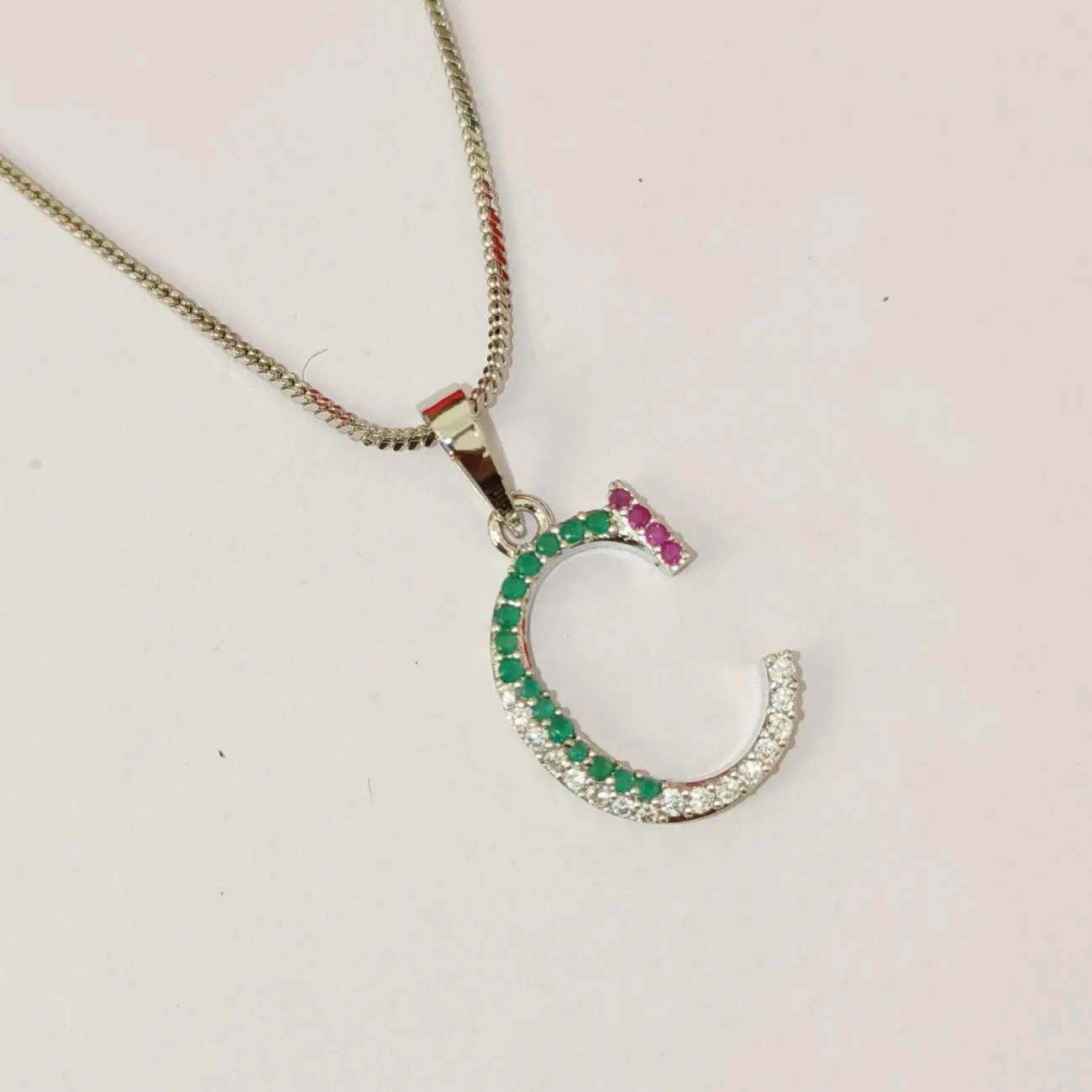 Nimoraa C Initial Silver Plated Pendant Chain with Red & Green Stones