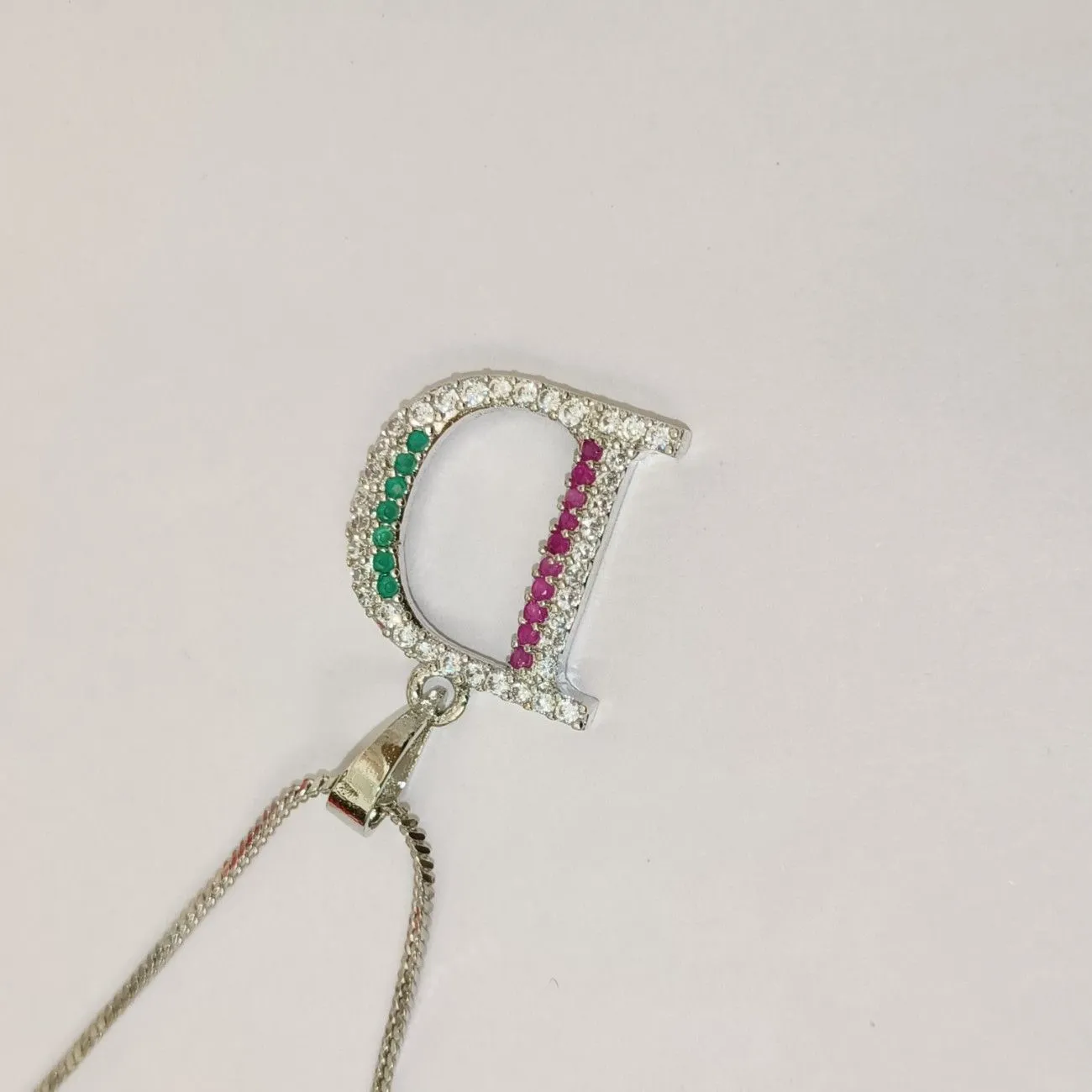 Nimoraa D Initial Silver Plated Pendant Chain with Red & Green Stones