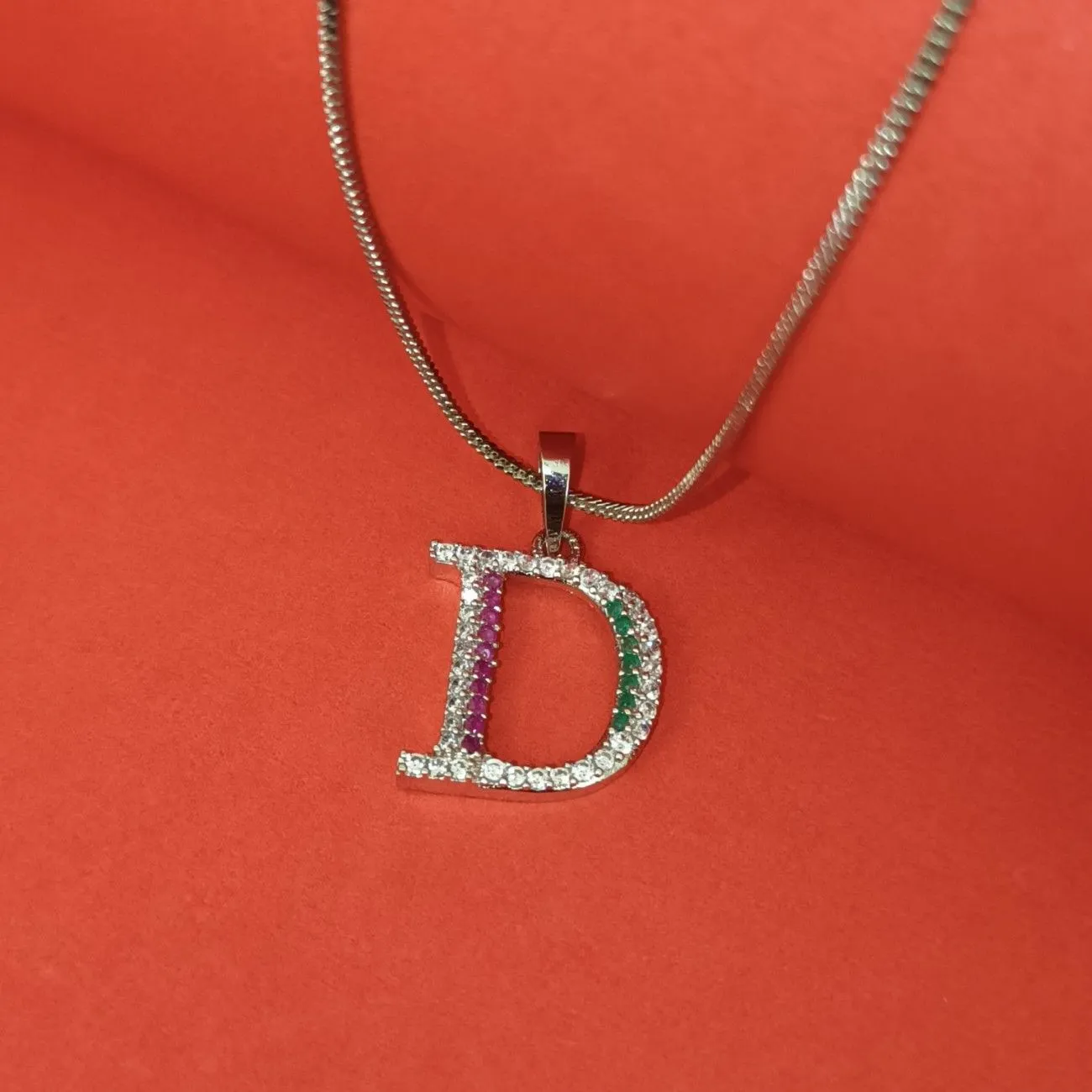 Nimoraa D Initial Silver Plated Pendant Chain with Red & Green Stones