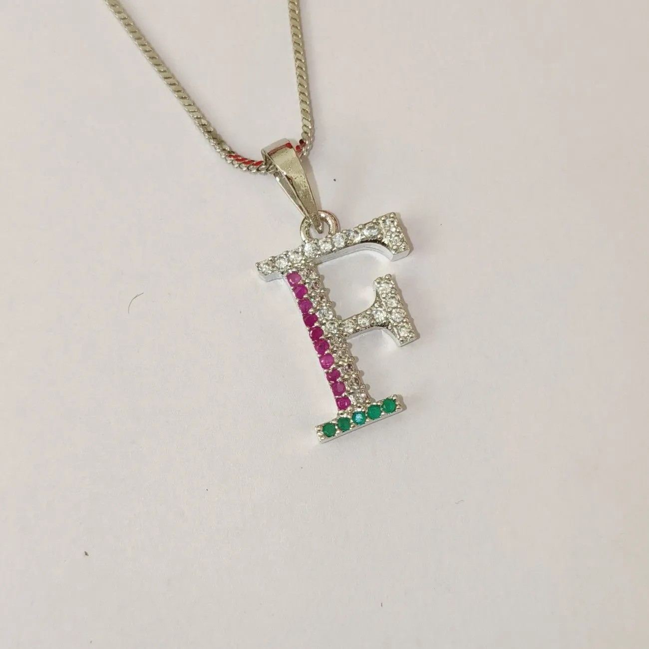 Nimoraa F Initial Silver Plated Pendant Chain with Red & Green Stones