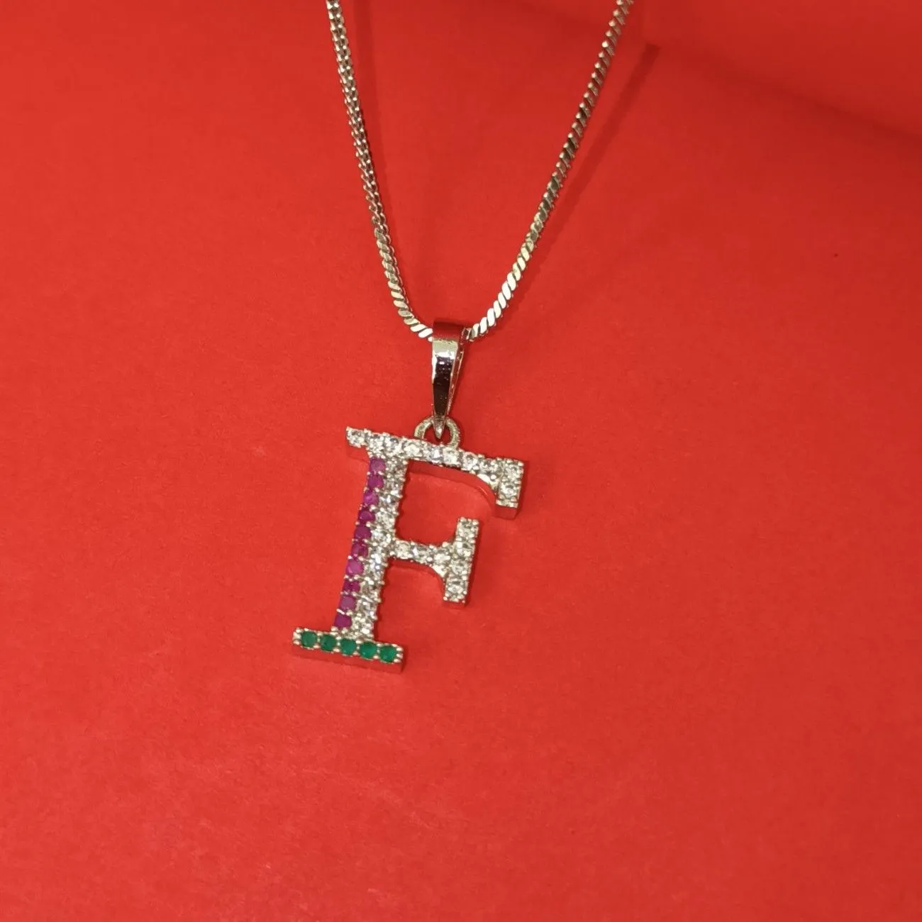 Nimoraa F Initial Silver Plated Pendant Chain with Red & Green Stones