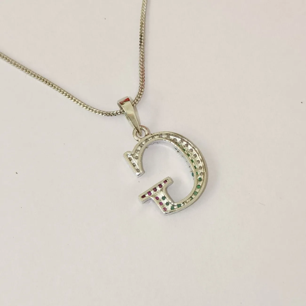 Nimoraa G Initial Silver Plated Pendant Chain with Red & Green Stones