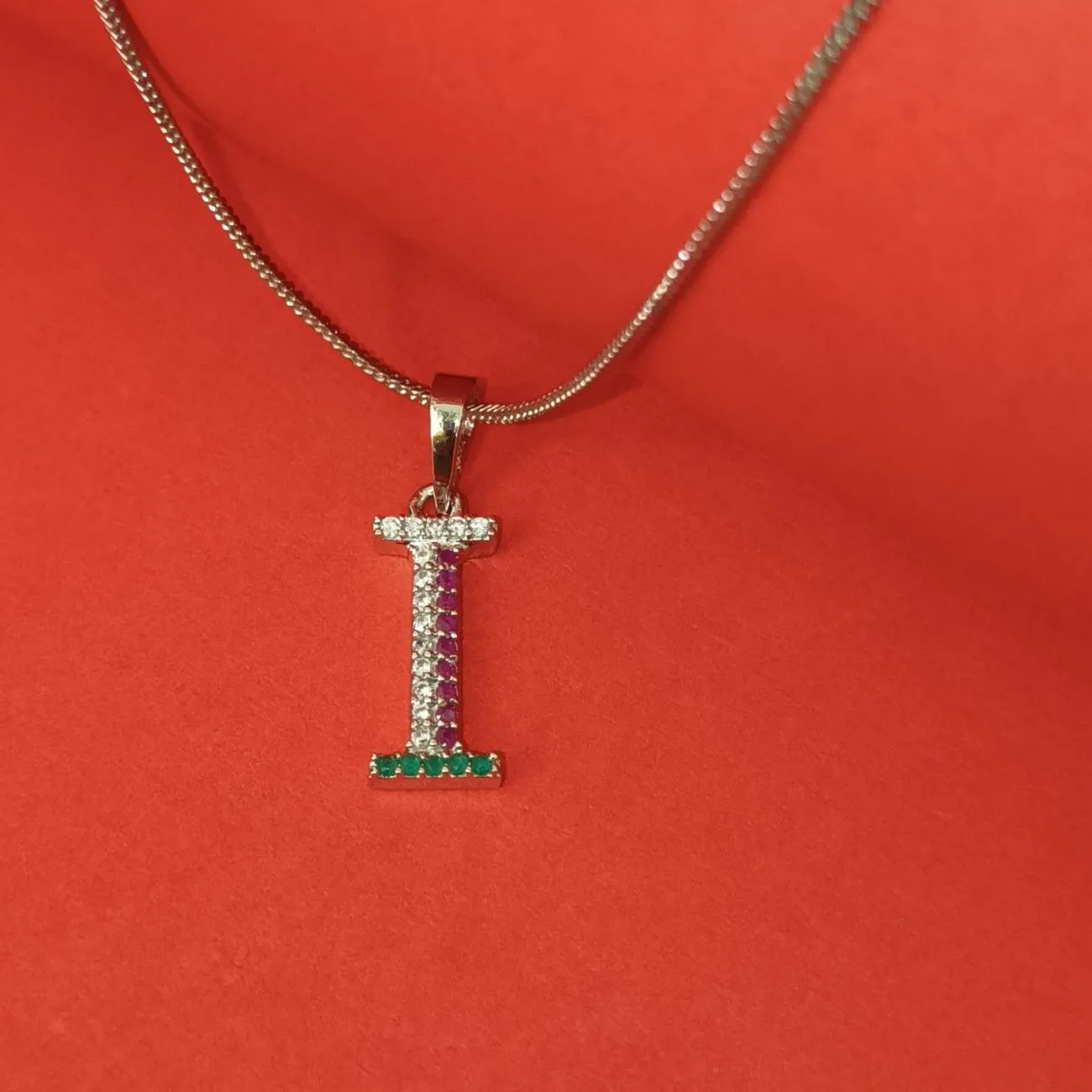 Nimoraa I Initial Silver Plated Pendant Chain with Red & Green Stones