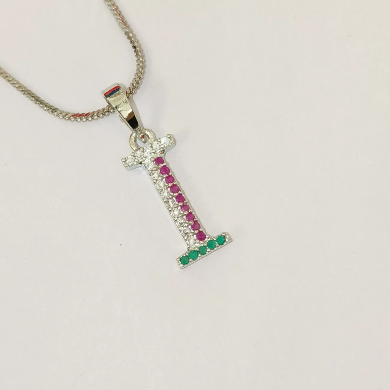 Nimoraa I Initial Silver Plated Pendant Chain with Red & Green Stones