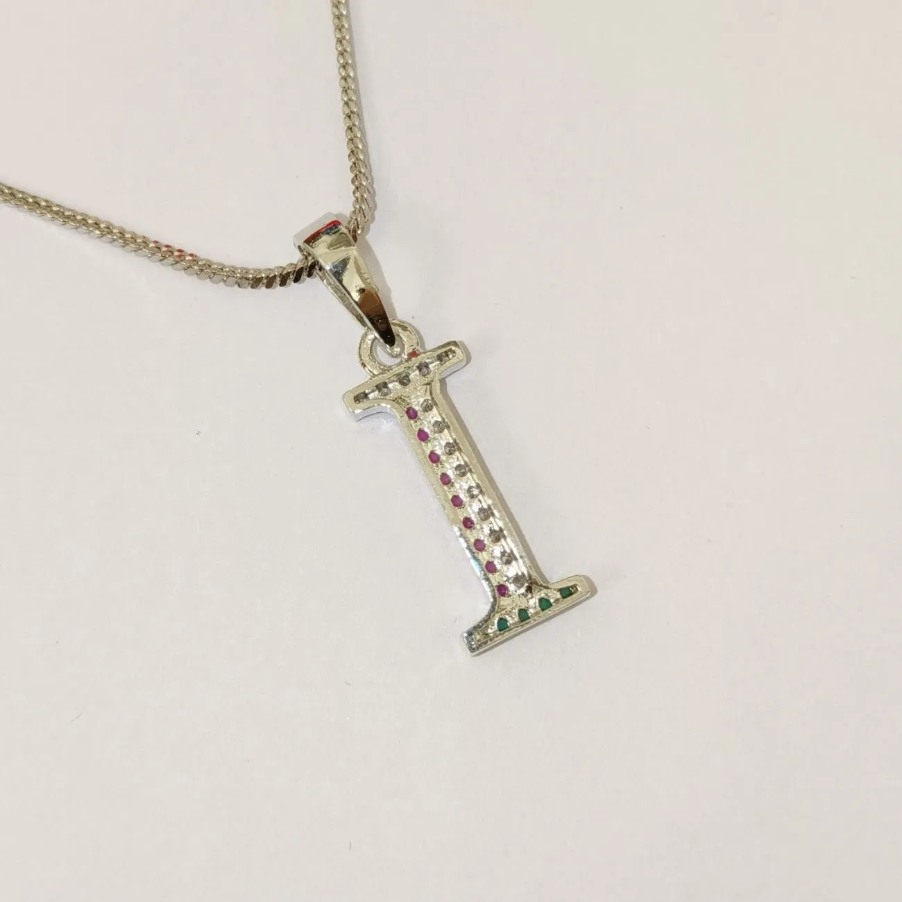 Nimoraa I Initial Silver Plated Pendant Chain with Red & Green Stones
