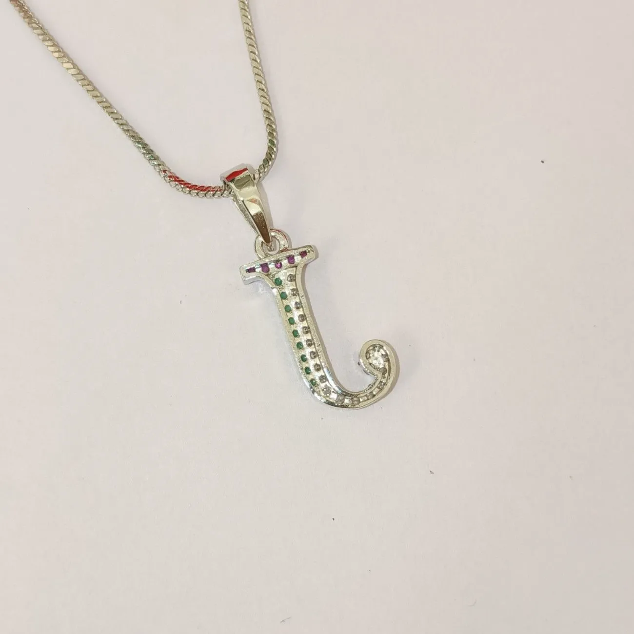 Nimoraa J Initial Silver Plated Pendant Chain with Red & Green Stones
