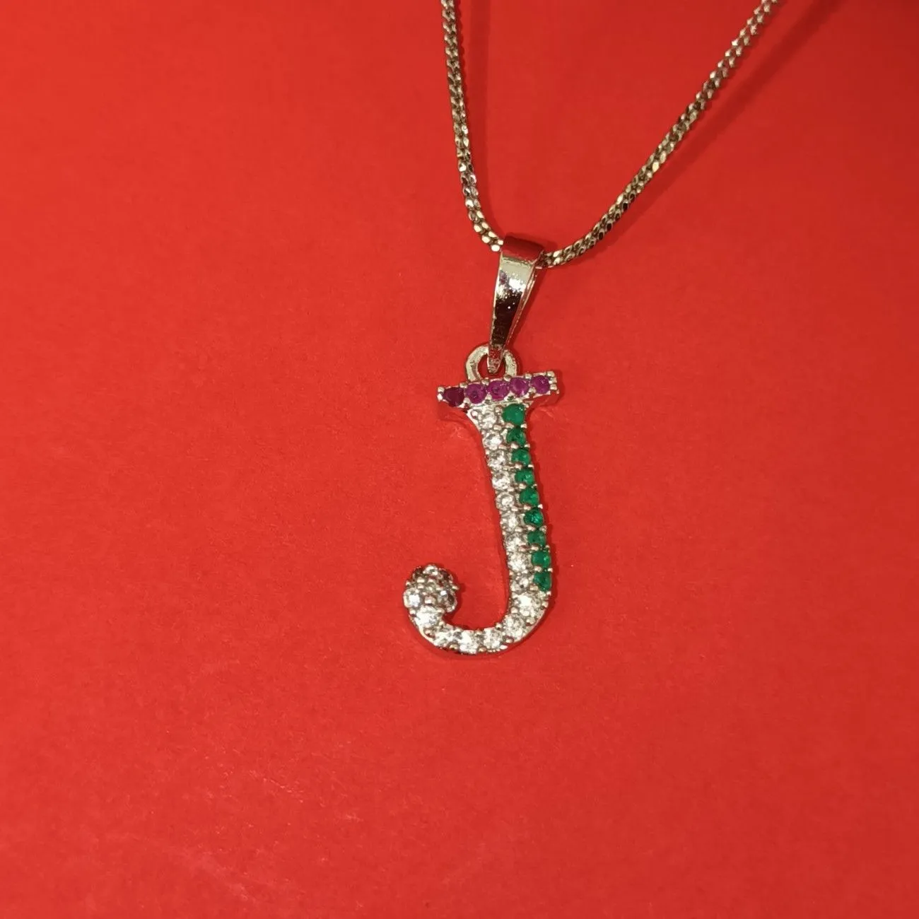 Nimoraa J Initial Silver Plated Pendant Chain with Red & Green Stones