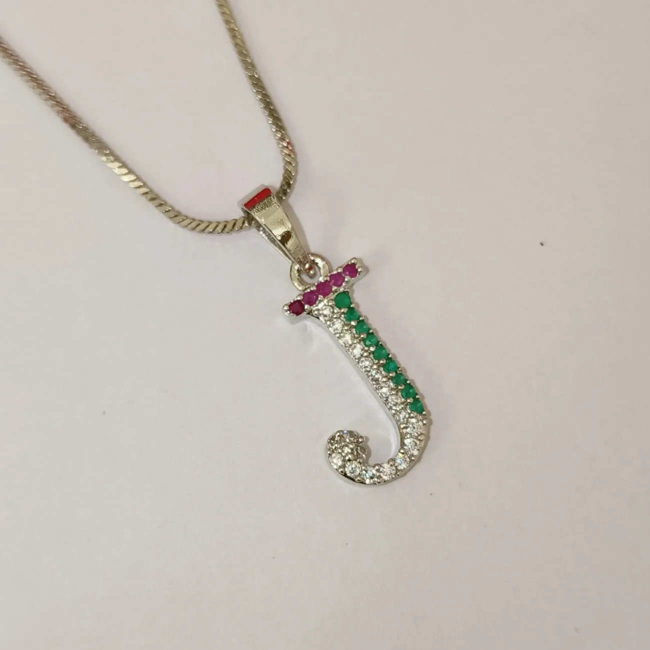 Nimoraa J Initial Silver Plated Pendant Chain with Red & Green Stones