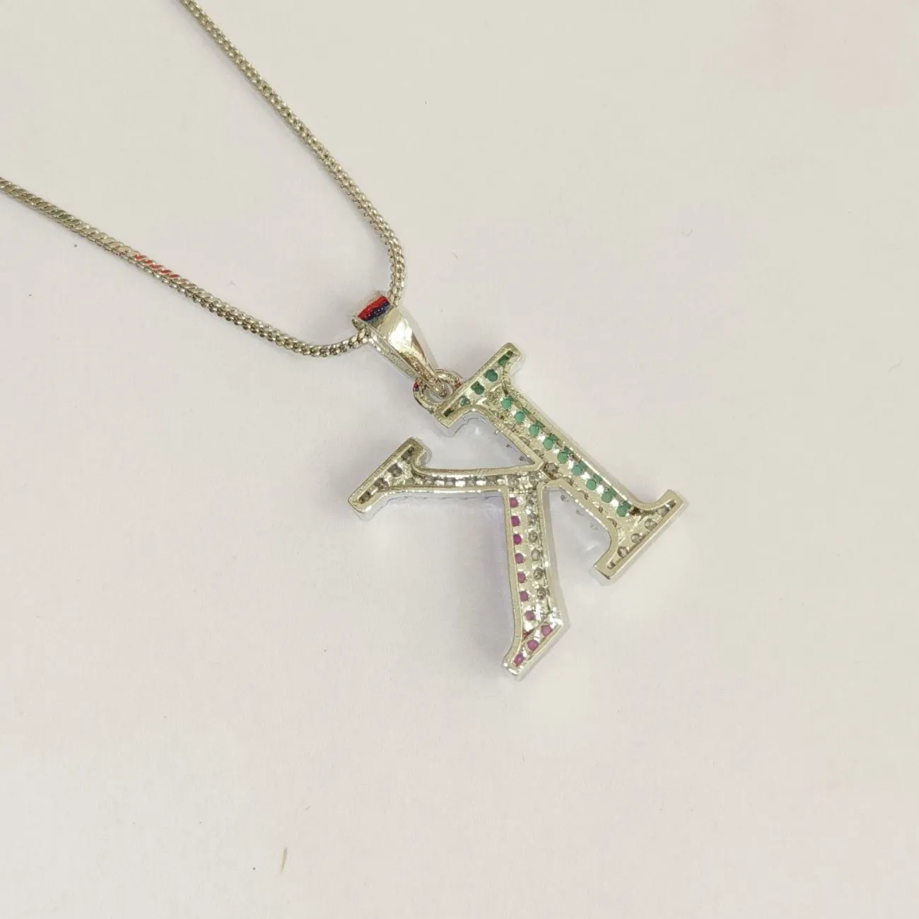 Nimoraa K Initial Silver Plated Pendant Chain with Red & Green Stones