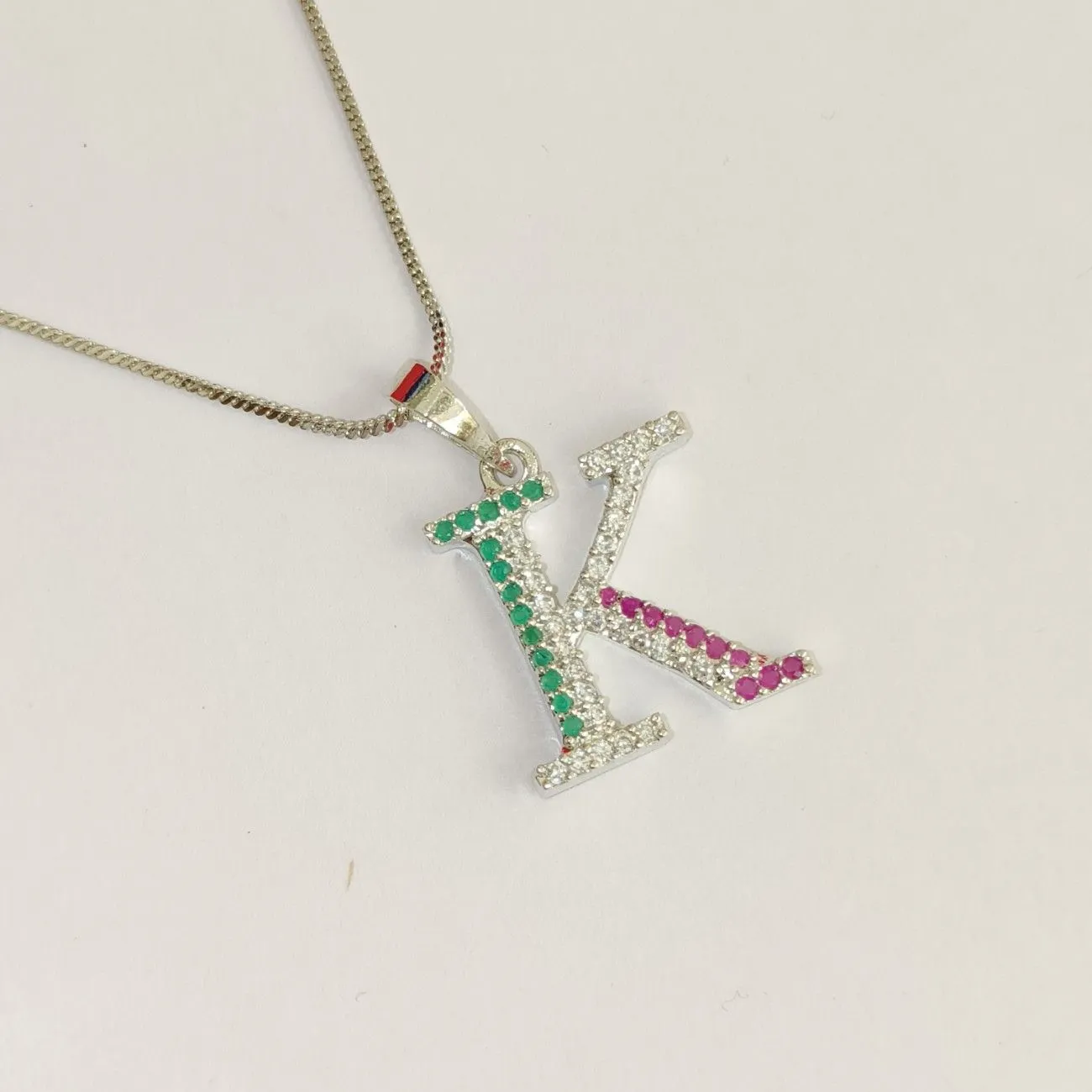Nimoraa K Initial Silver Plated Pendant Chain with Red & Green Stones