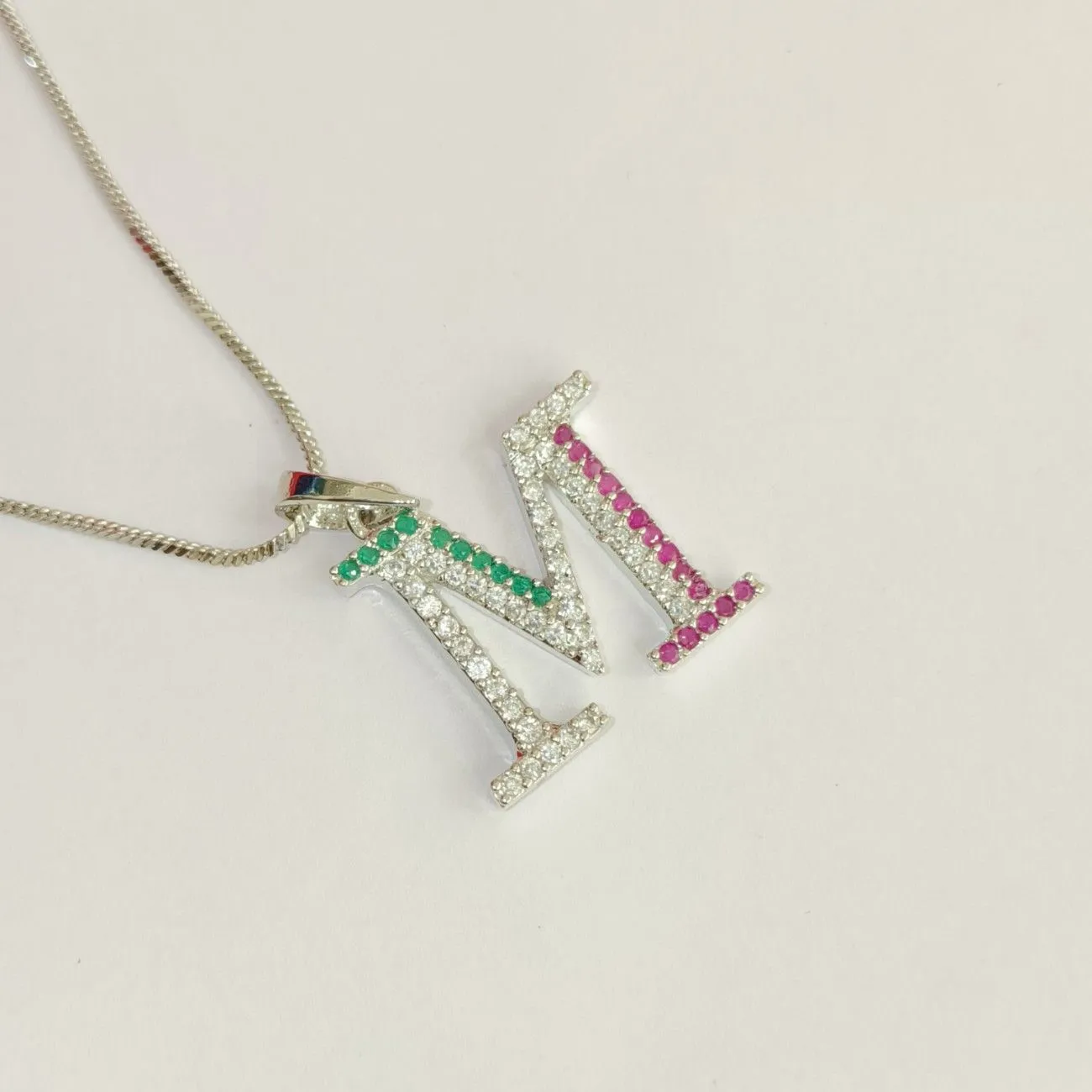 Nimoraa M Initial Silver Plated Pendant Chain with Red & Green Stones