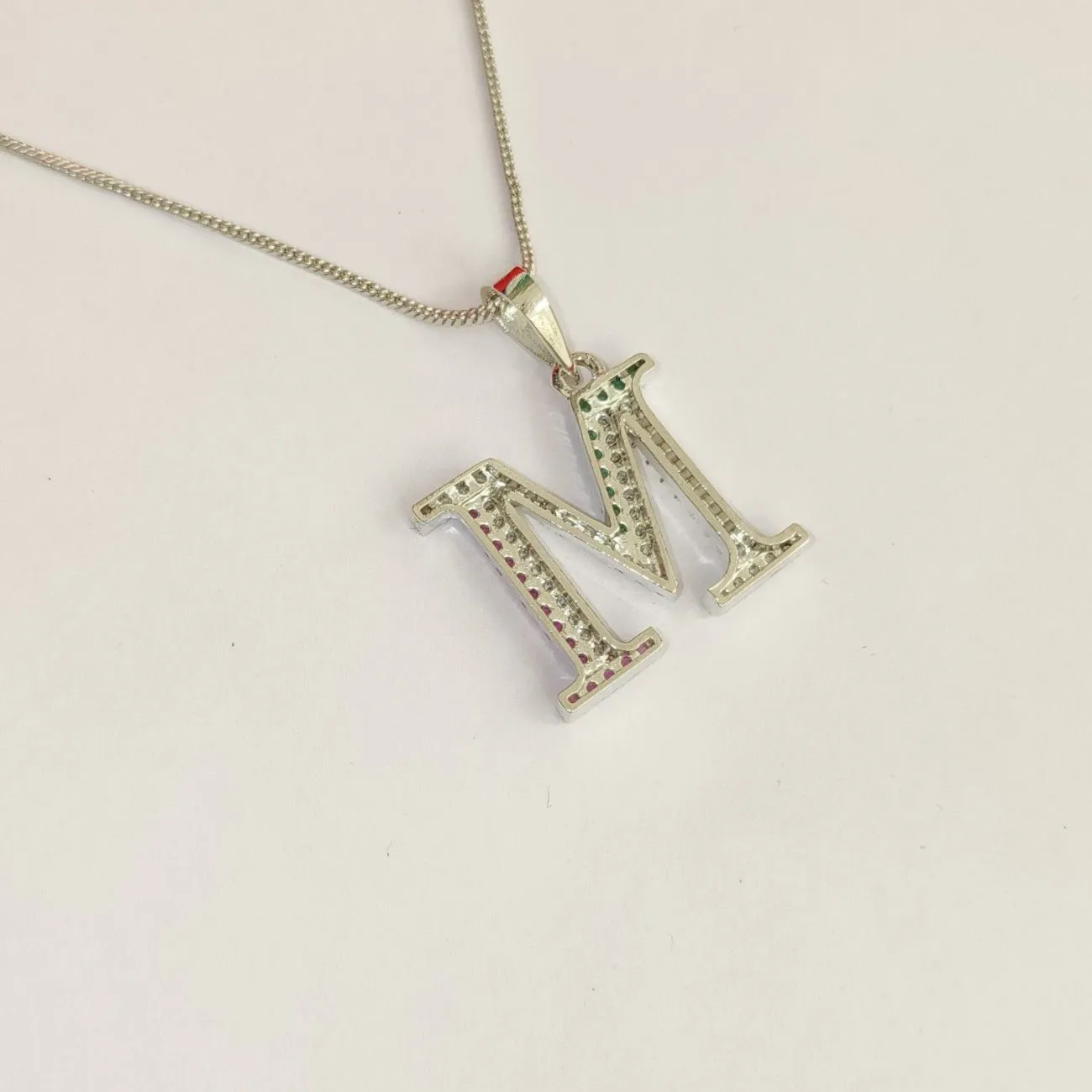 Nimoraa M Initial Silver Plated Pendant Chain with Red & Green Stones