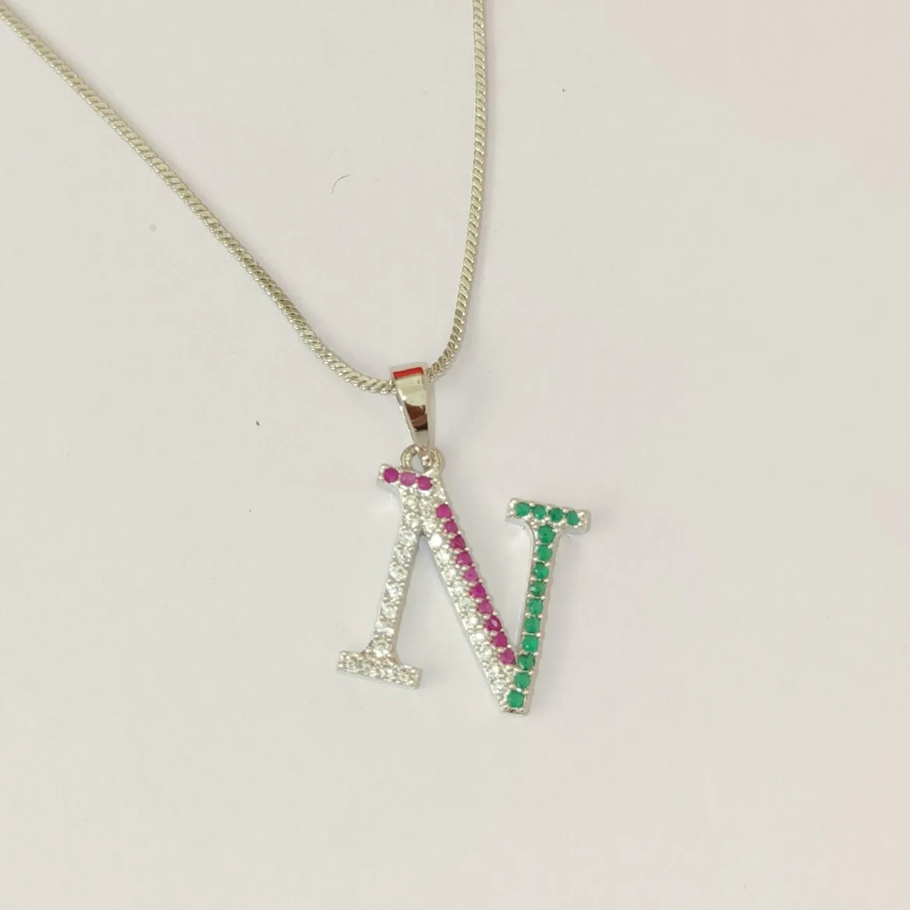 Nimoraa N Initial Silver Plated Pendant Chain with Red & Green Stones